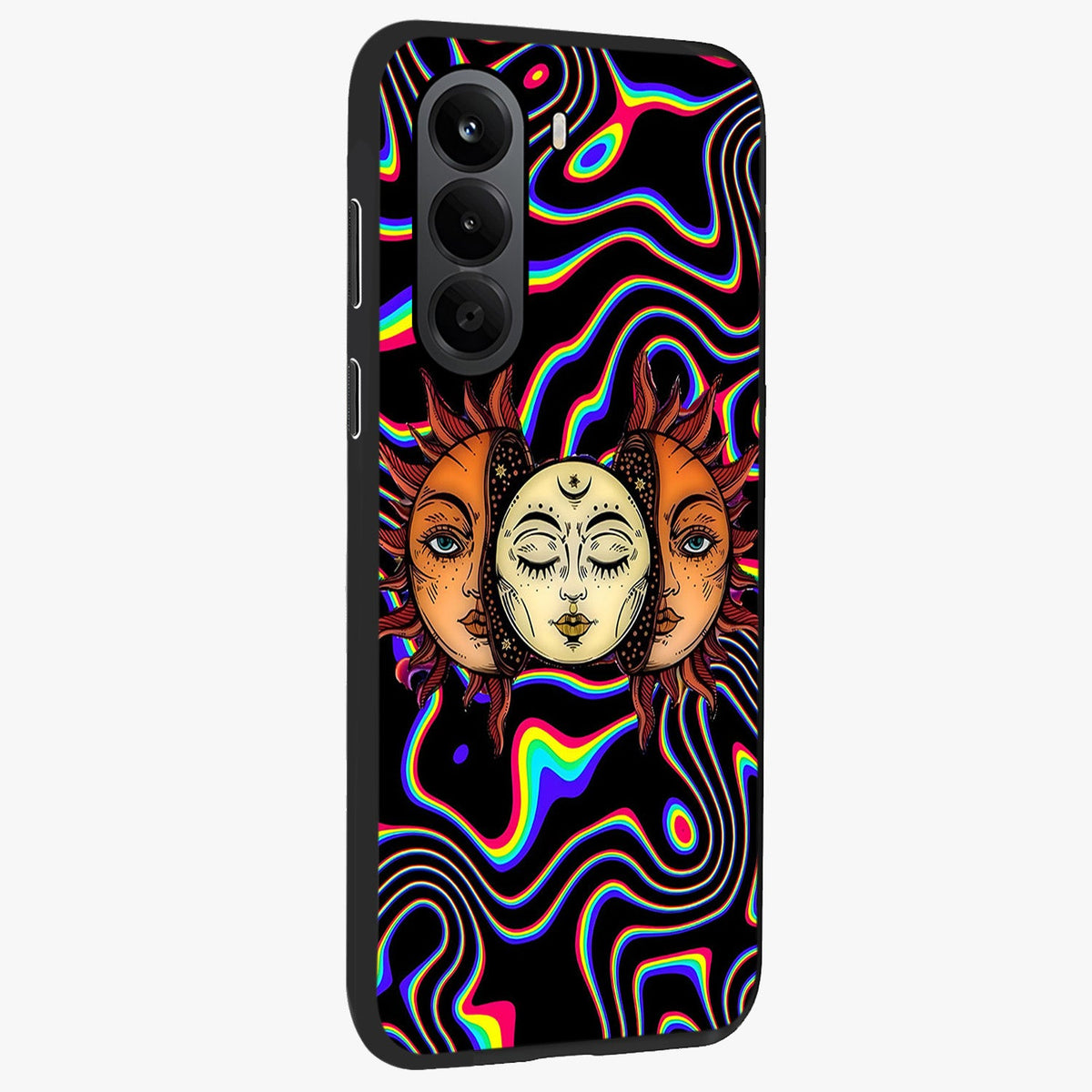 Psychedelic Sun Glass Case upright view showcasing trippy sun artwork with bold psychedelic theme.