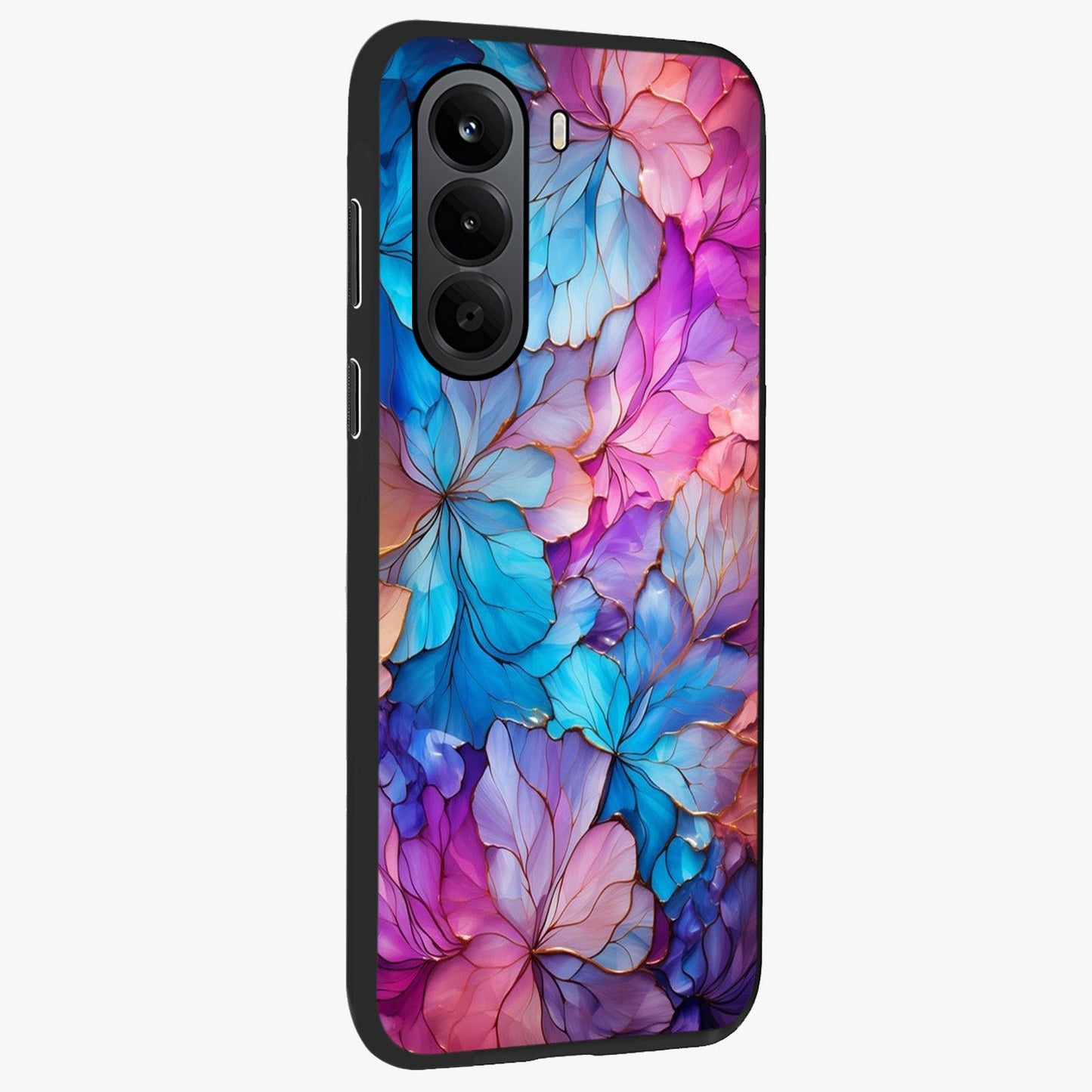Radiant Floral Whirl Glass Case upright view showcasing lively floral artwork with decorative swirl theme.
