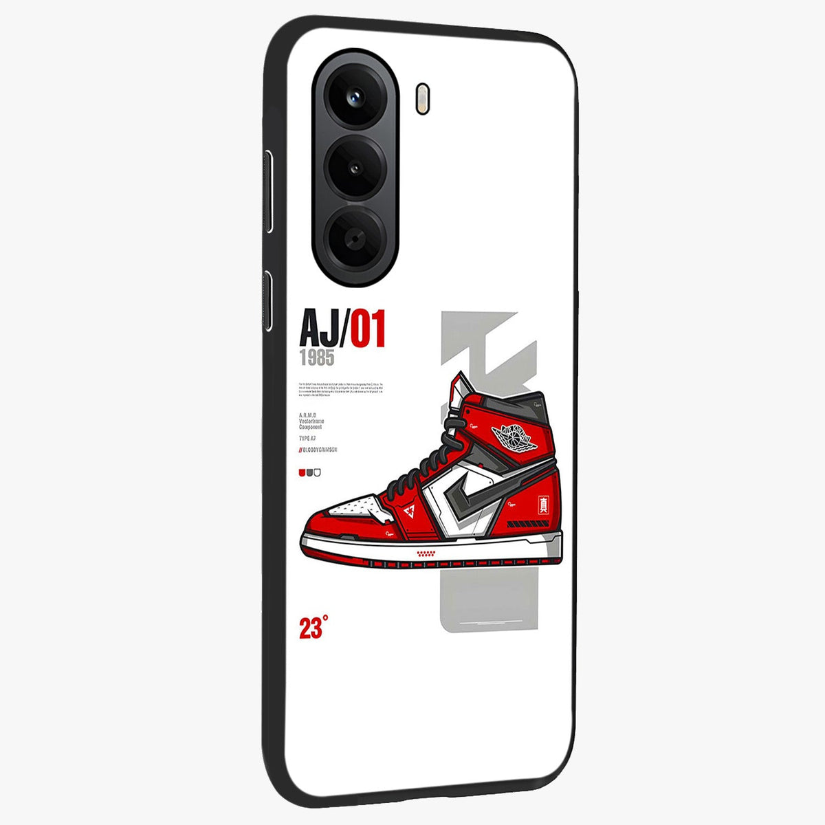 Retro Sneaker Blueprint Glass Case upright view showcasing stylish sneaker illustration with vintage streetwear theme.