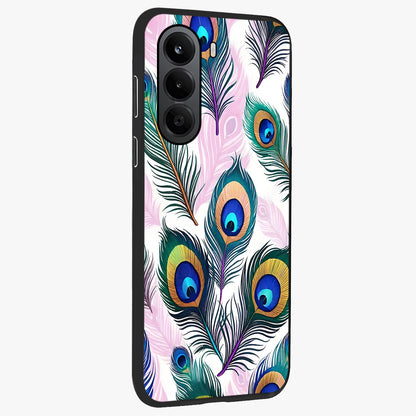 Royal Peacock Feathers Glass Case upright view showcasing elegant peacock feather artwork with decorative royal theme.
