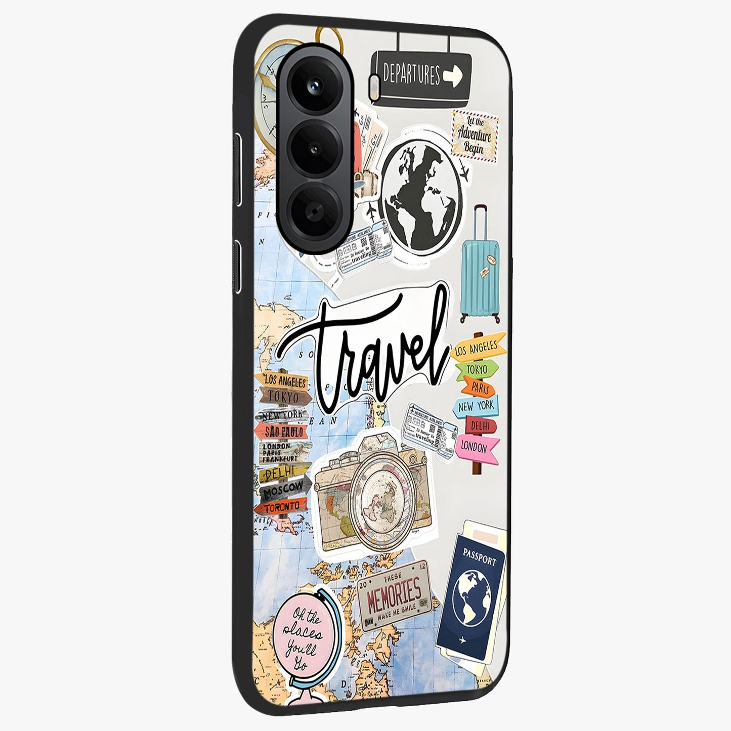 Wanderlust Journal Glass Case upright view showcasing wanderlust inspired artwork with creative exploration theme.