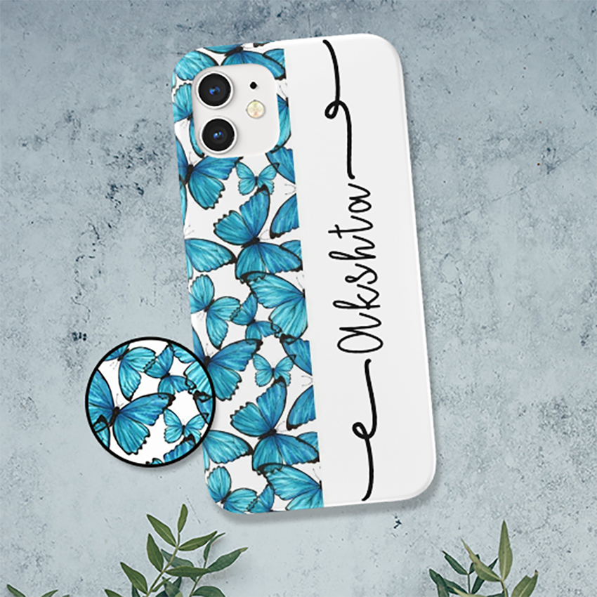 Blue Butterflies with Custom Name Slim Case Cover With Same Design Holder