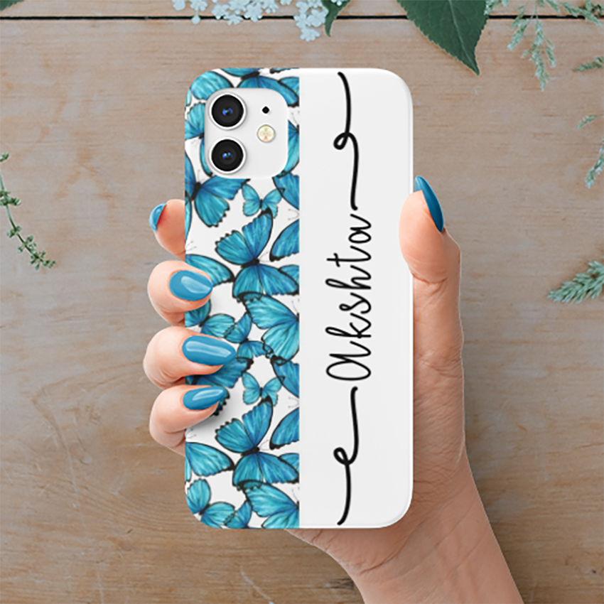 Blue Butterflies with Custom Name Slim Case Cover With Same Design Holder