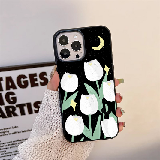 White Tulip With Black Background Pattern Glass Case