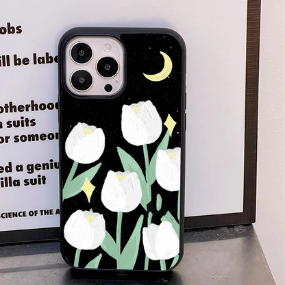 White Tulip With Black Background Pattern Glass Case