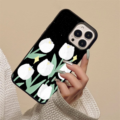 White Tulip With Black Background Pattern Glass Case