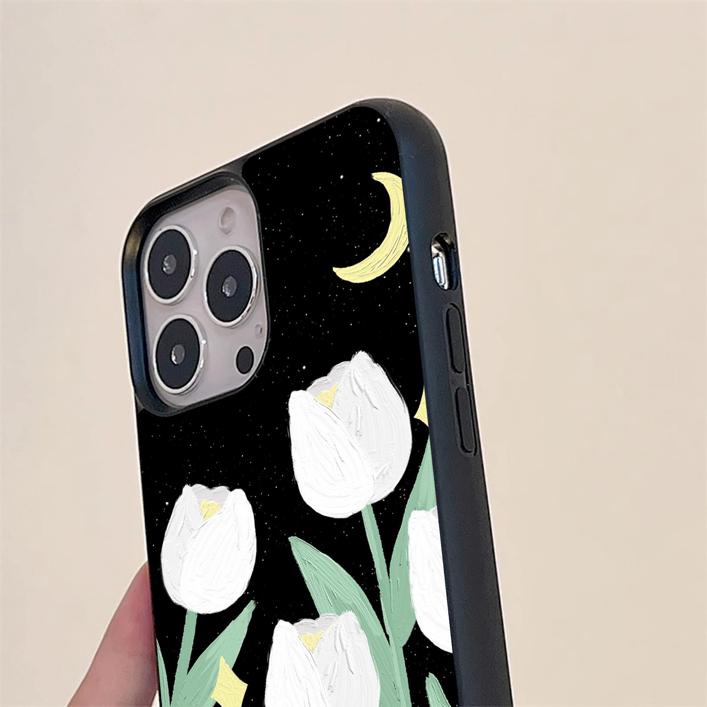 White Tulip With Black Background Pattern Glass Case