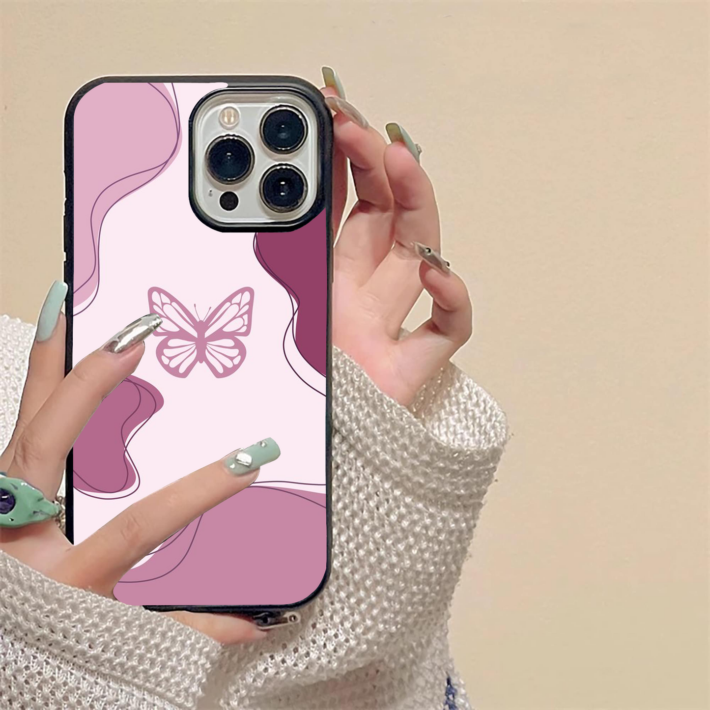 Aesthetic Pinkish Custom Name Butterfly Glass Case