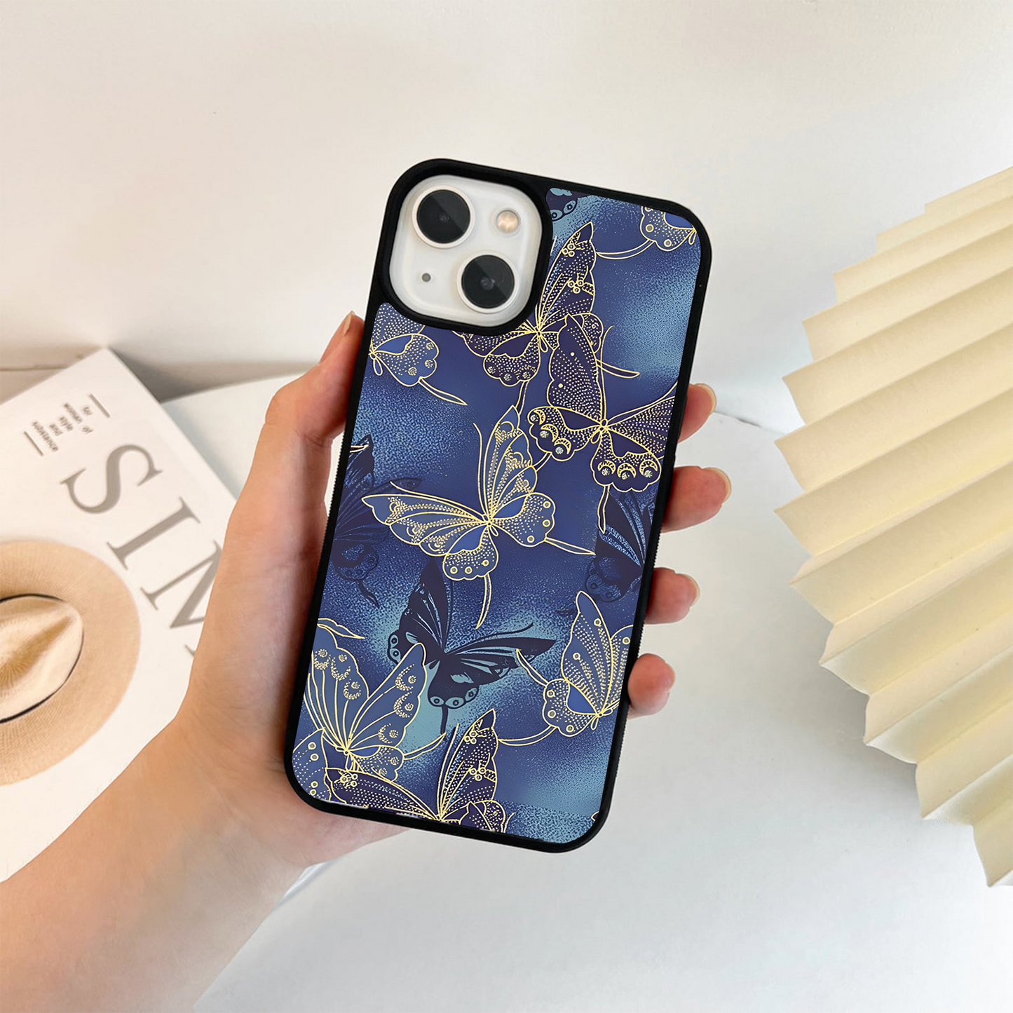 Butterfly Blue Gold Glass Case