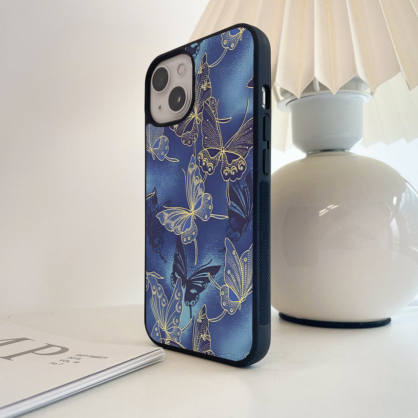 Butterfly Blue Gold Glass Case