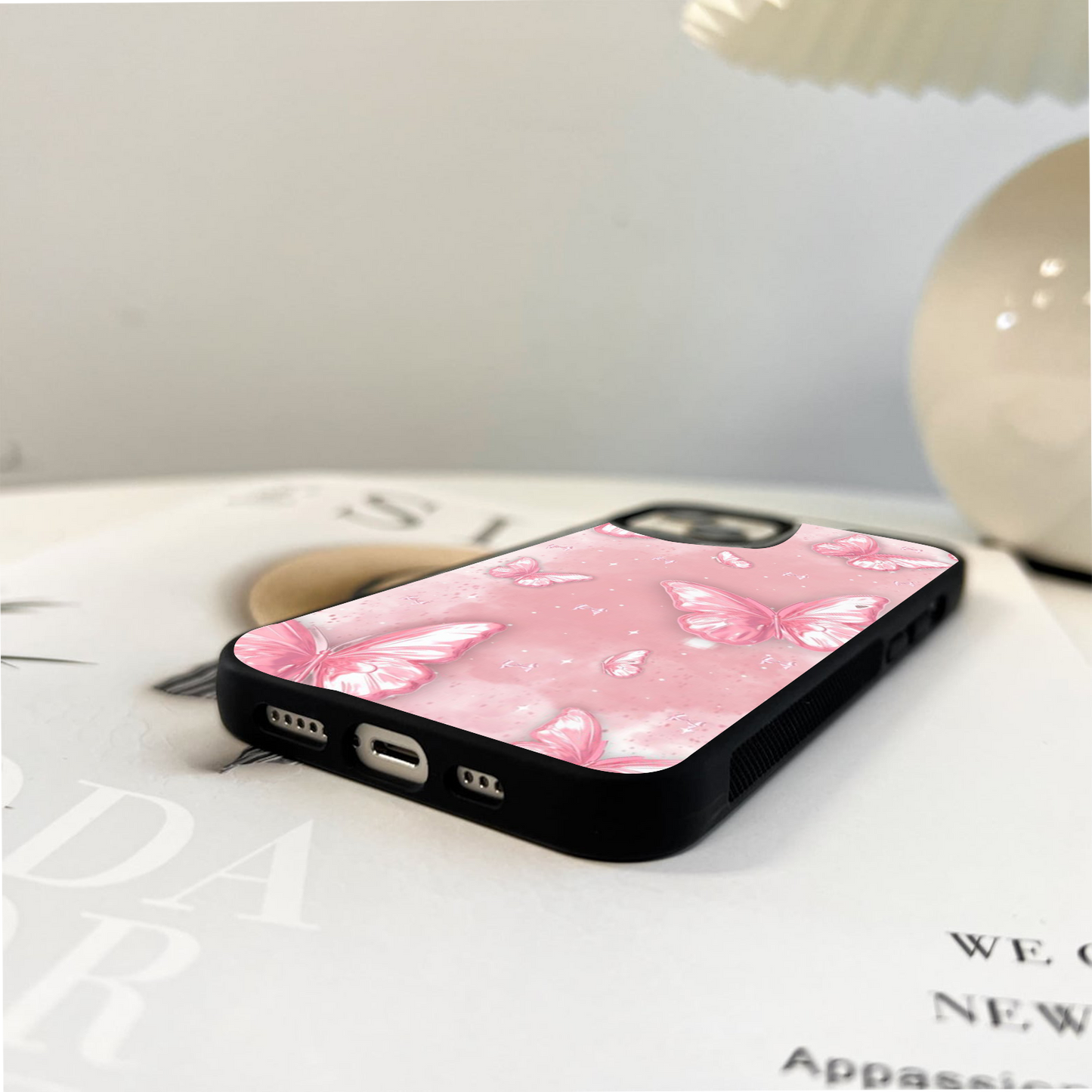 Pink Backgraund With Soft Butterfly Glass Case