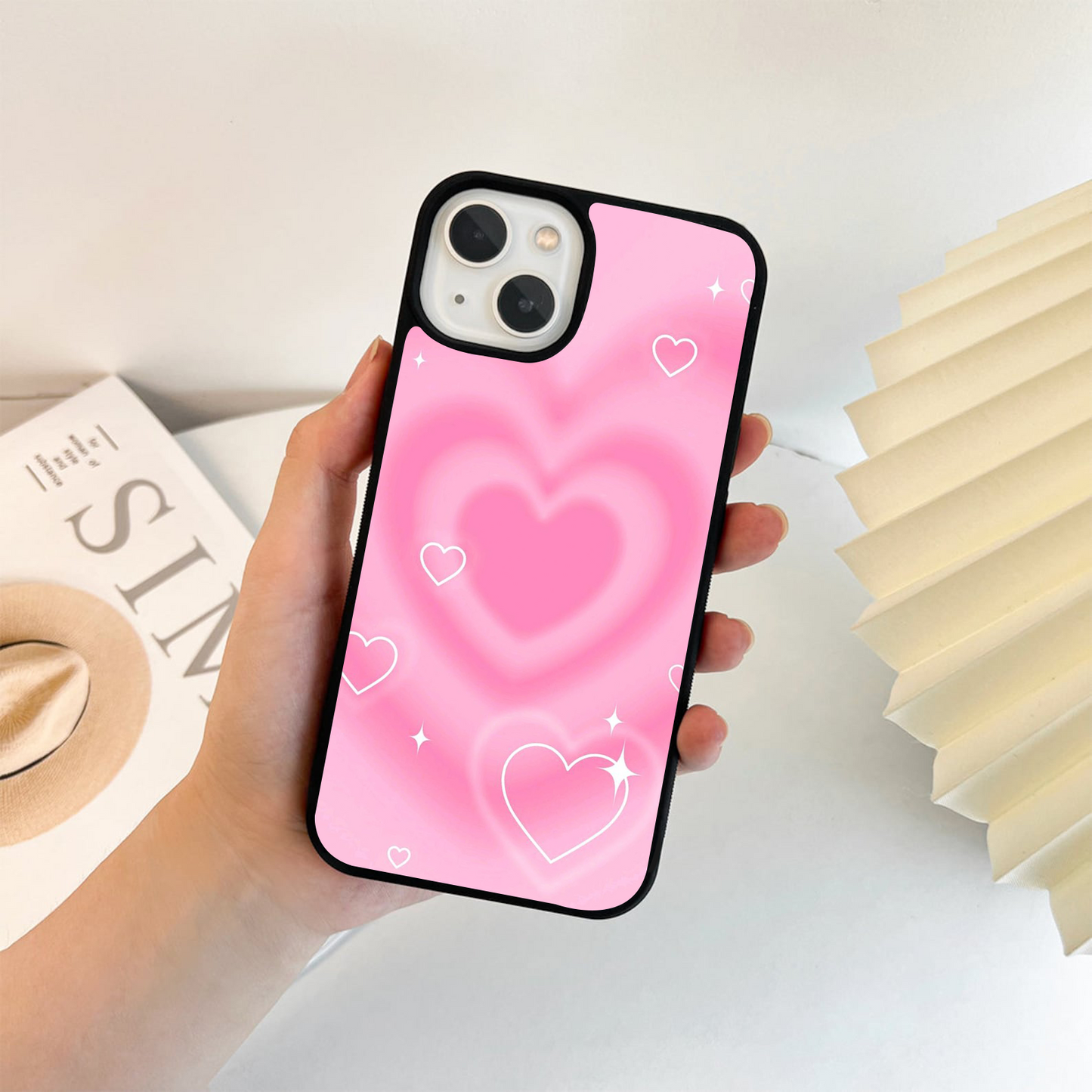 Pink Aesthetic Heart Glass Case