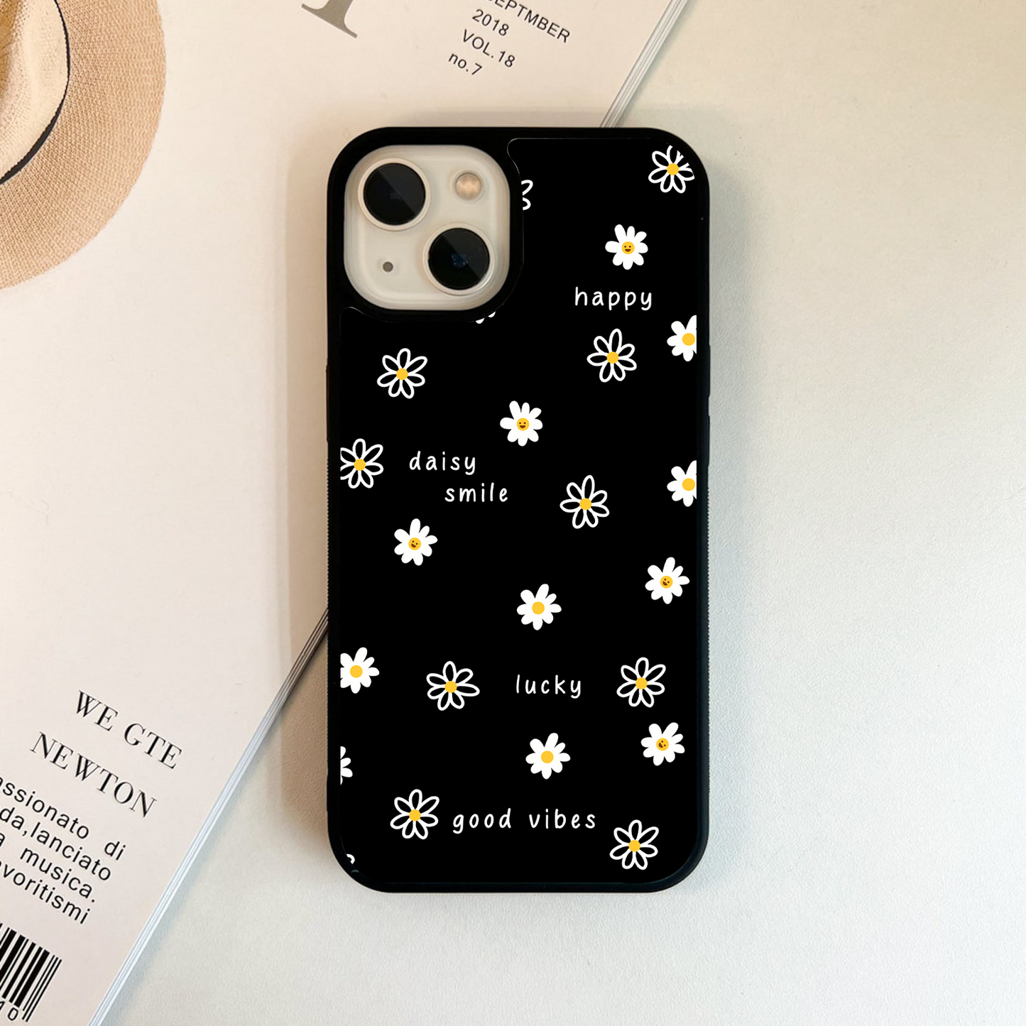 Good Vibes Daisy Black Pattern Glass Case