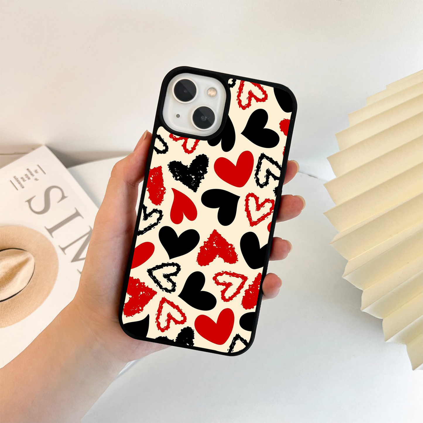 Black And Red Heart Pattern Glass Case