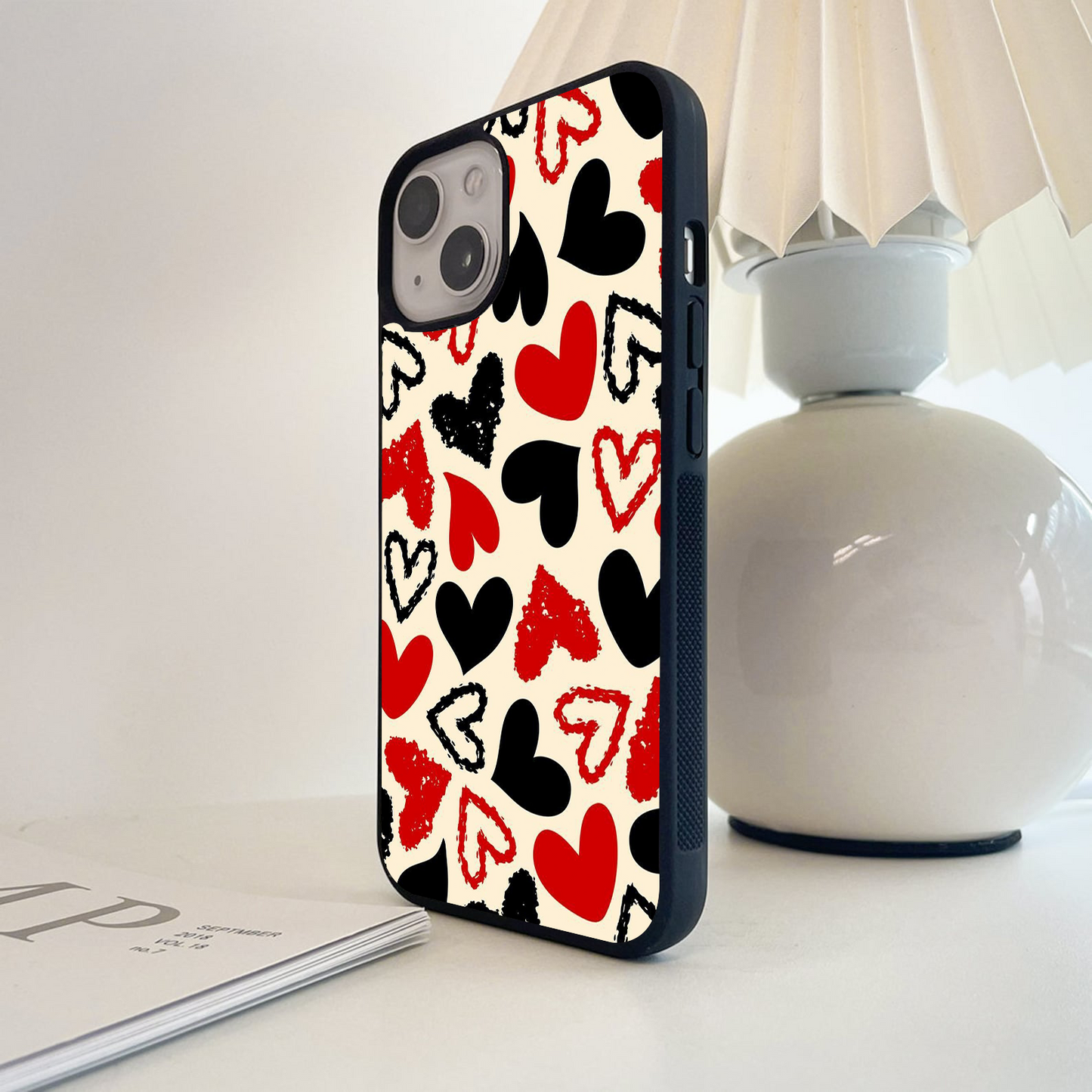 Black And Red Heart Pattern Glass Case