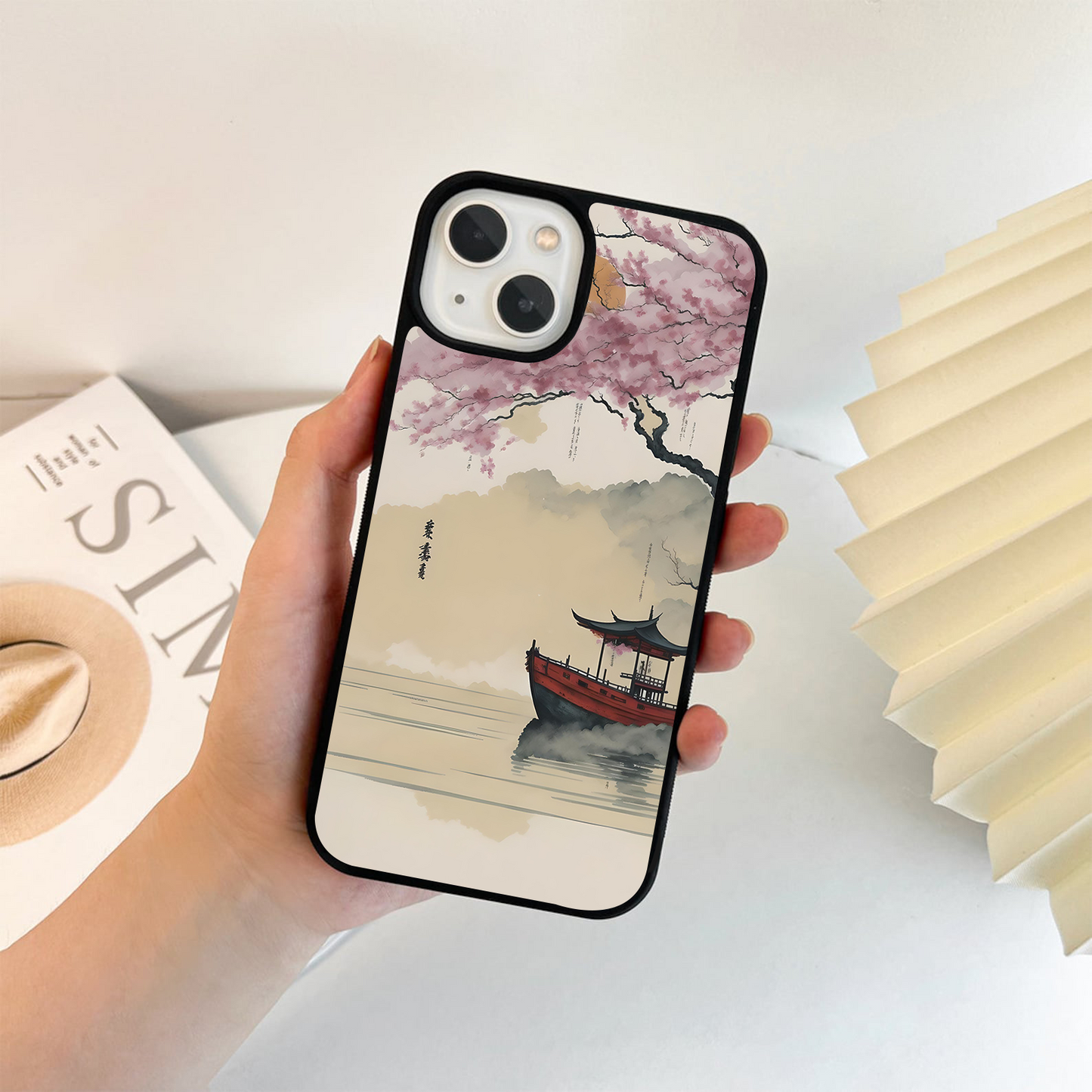 Boat with Sakura & Moon Glass Case