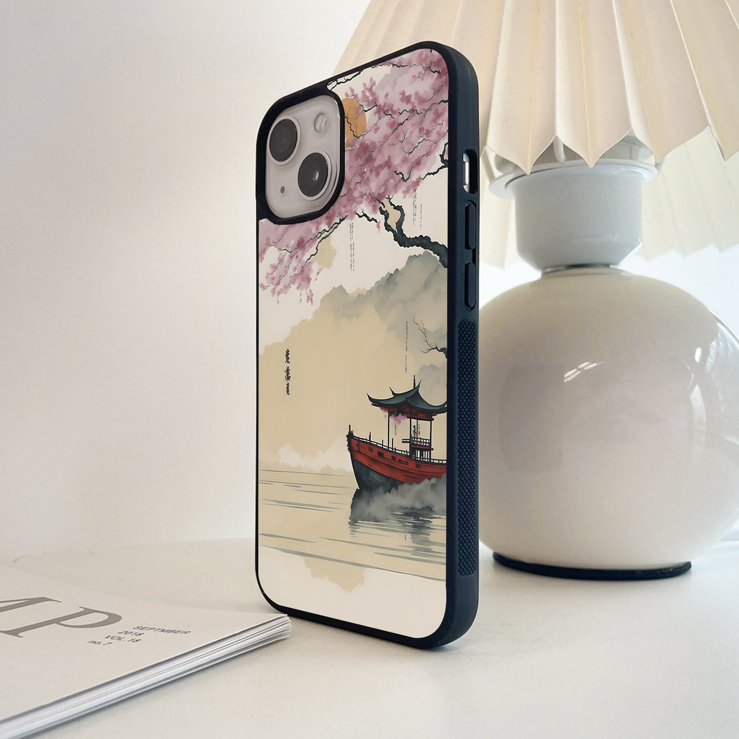 Boat with Sakura & Moon Glass Case