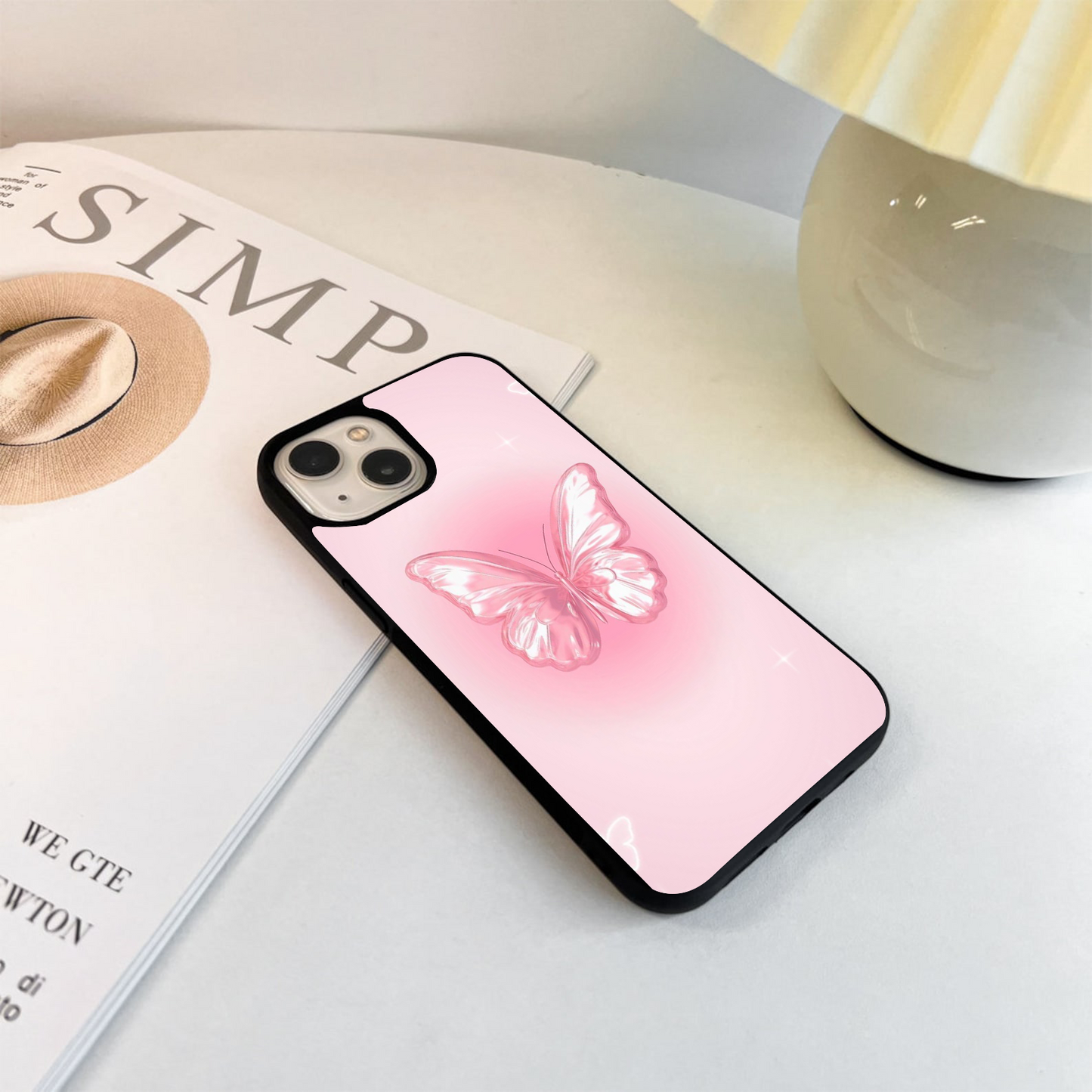 Blurred Pink & White Butterfly Glass Case