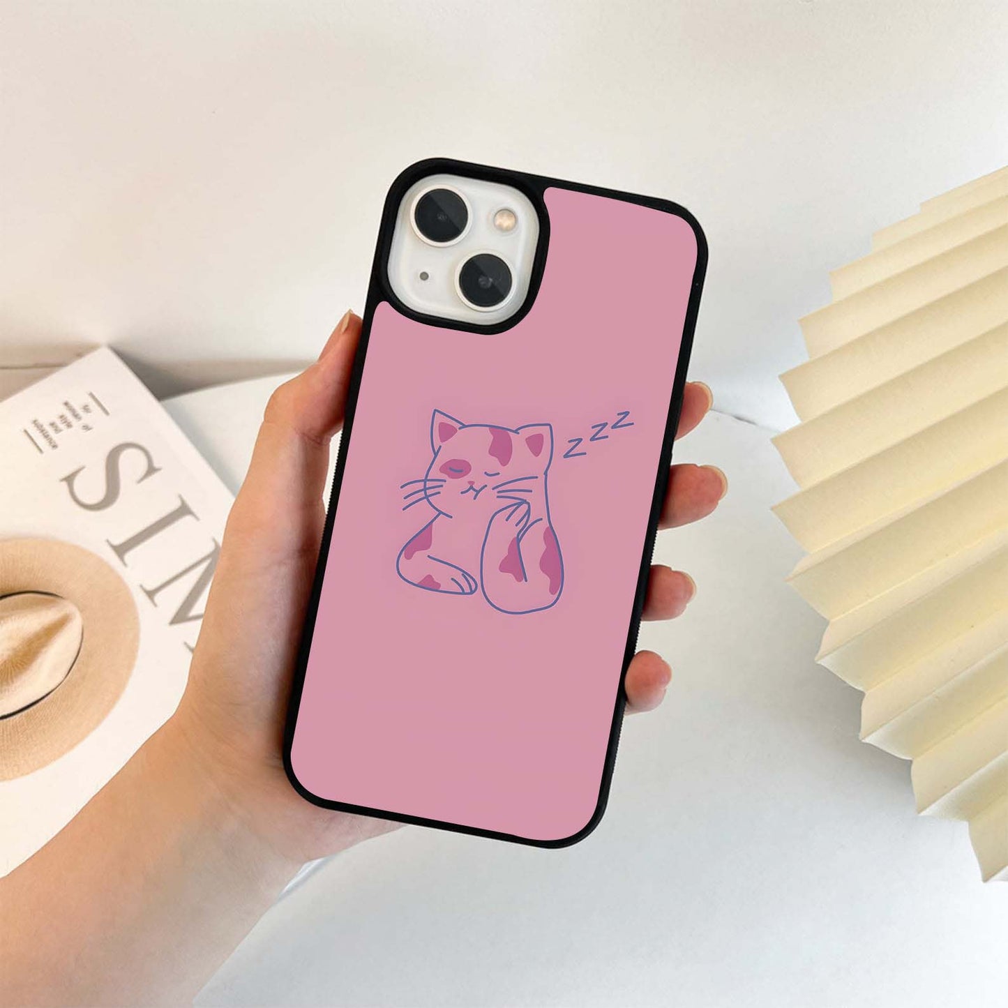 Sleepy Pink Cat Glass Case