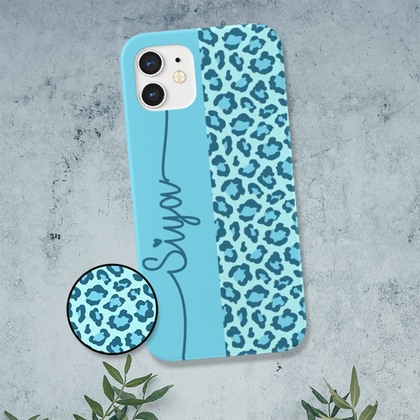 Blue Leopard with Custom Name Slim Case Cover With Same Design Holder