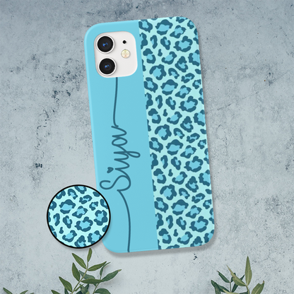 Blue Leopard with Custom Name Slim Case Cover With Same Design Holder