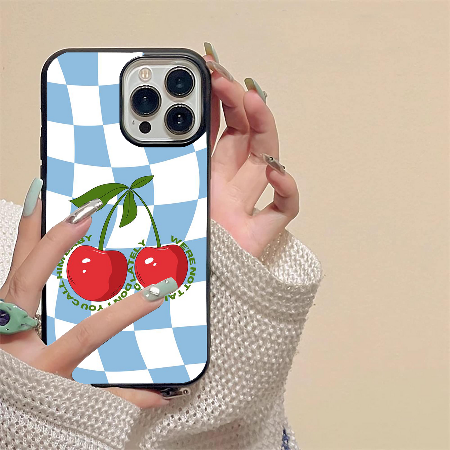 Cherry With Blue Checker Pattern Glass Case