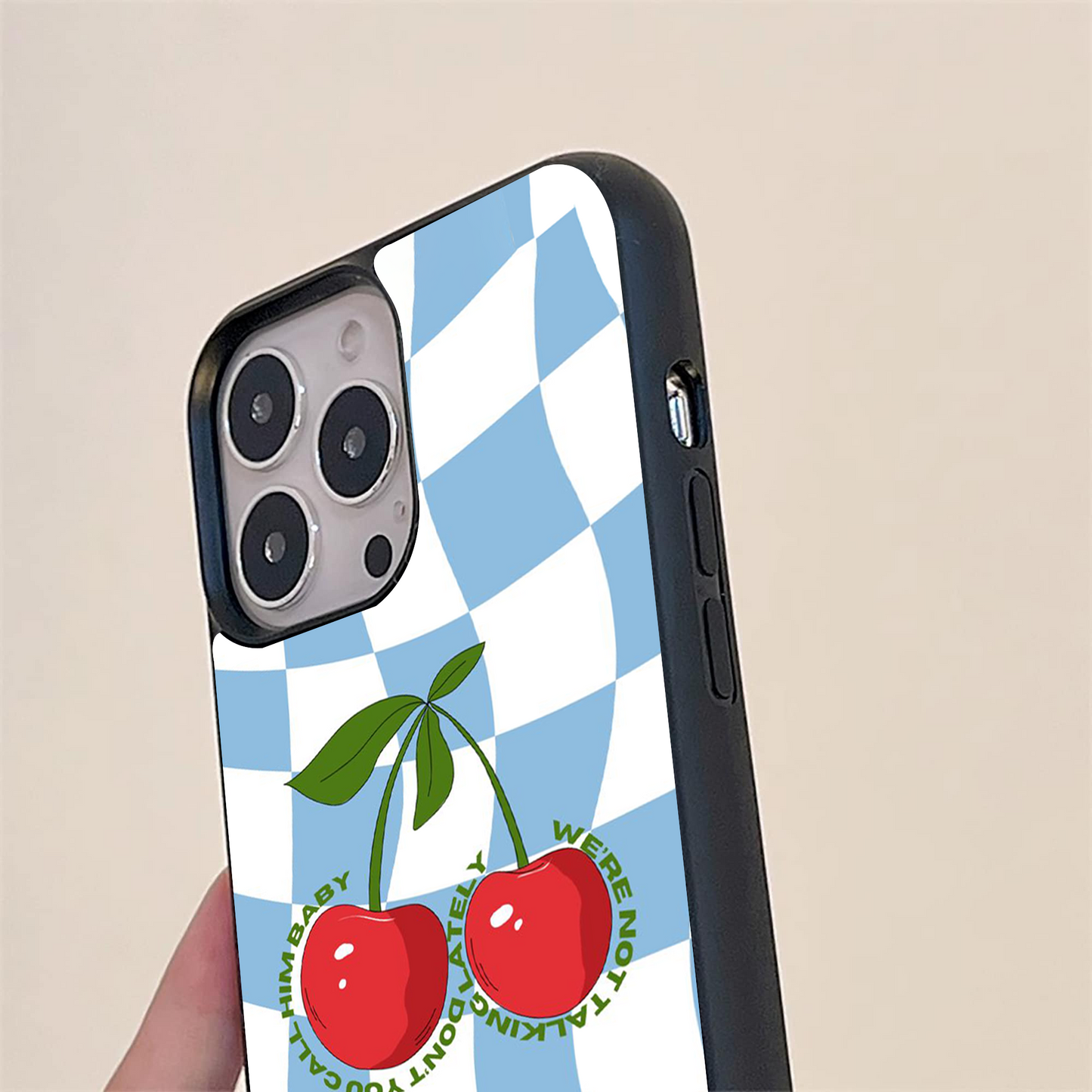 Cherry With Blue Checker Pattern Glass Case