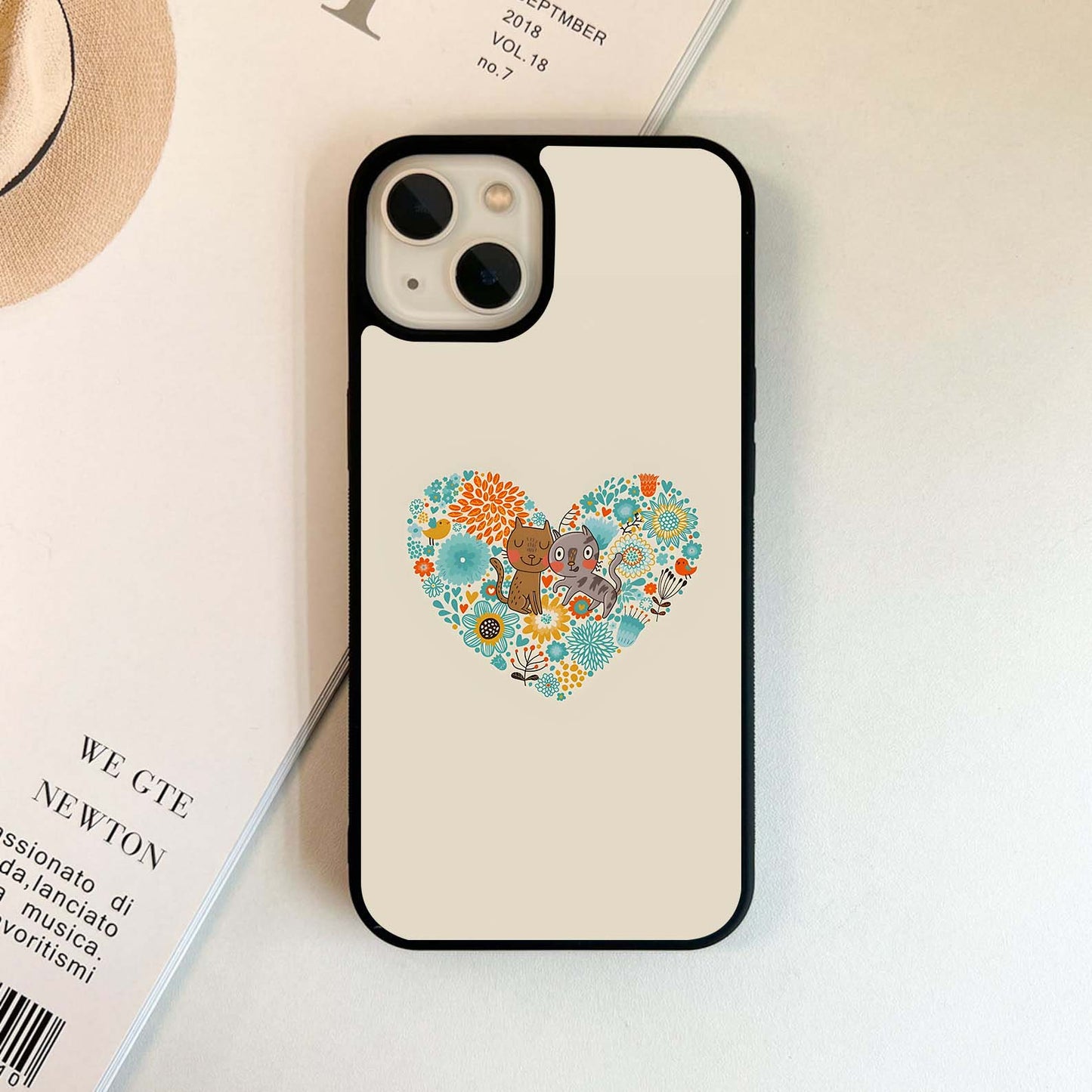 Floral Heart Cats Glass Case