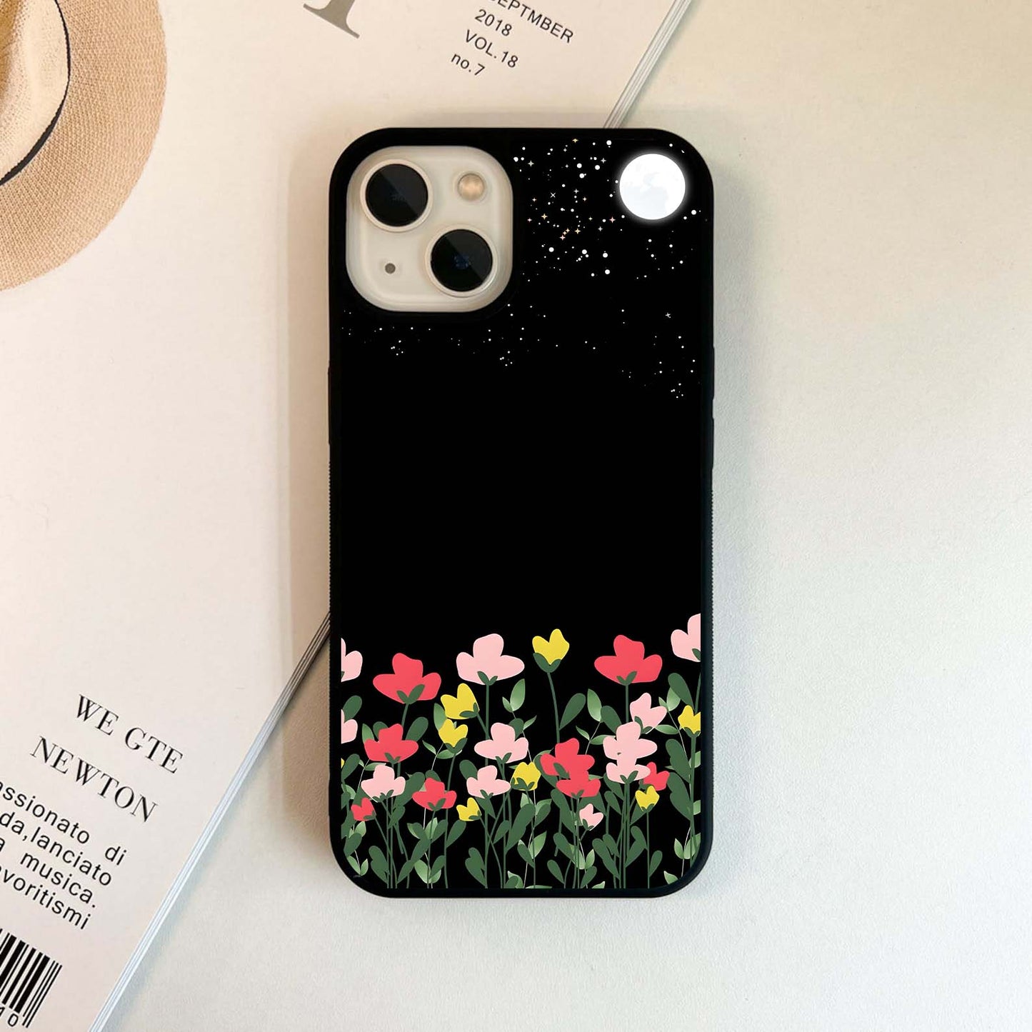 Romantic Moon With Flower Glass Case