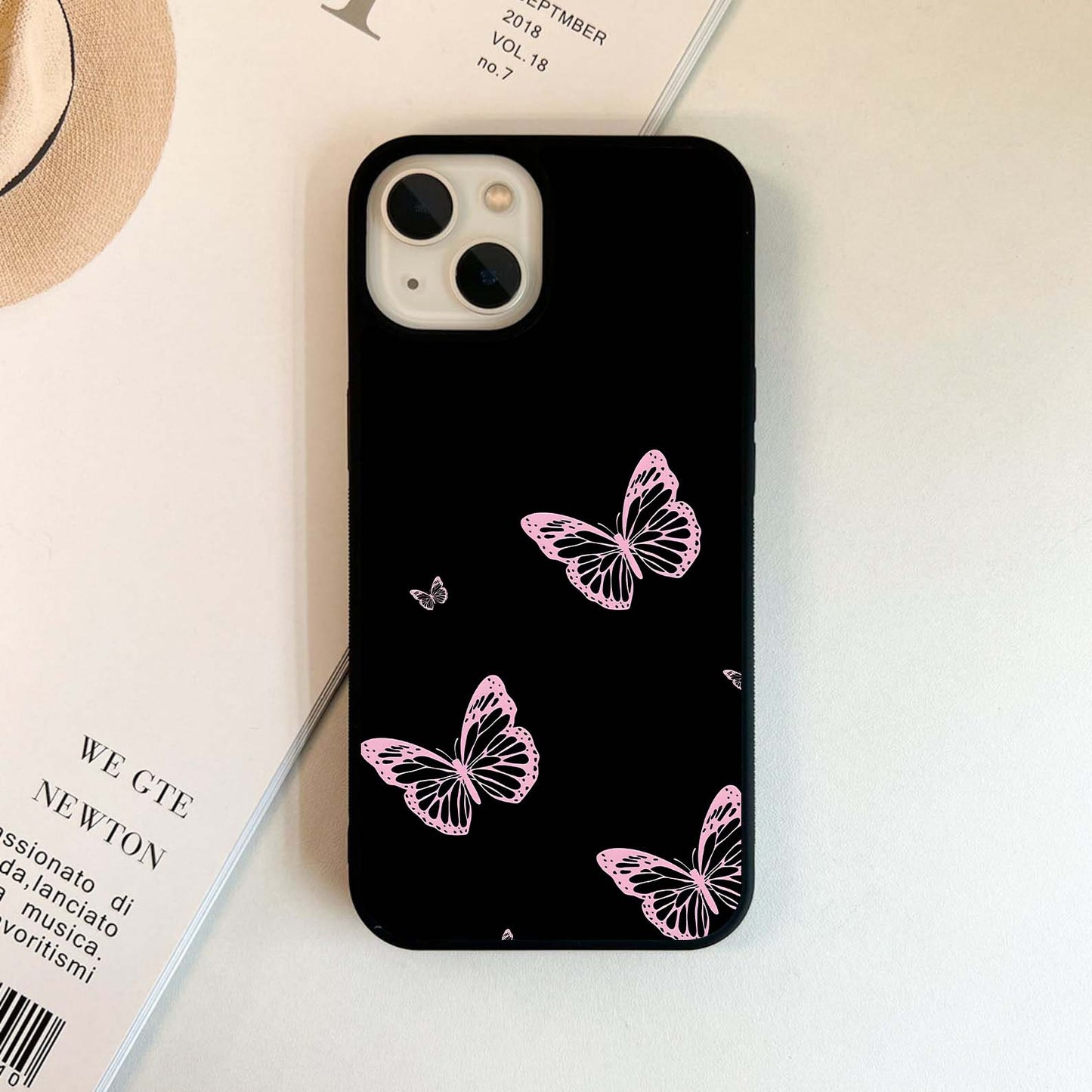 Pink Butterflies on Black Glass Case