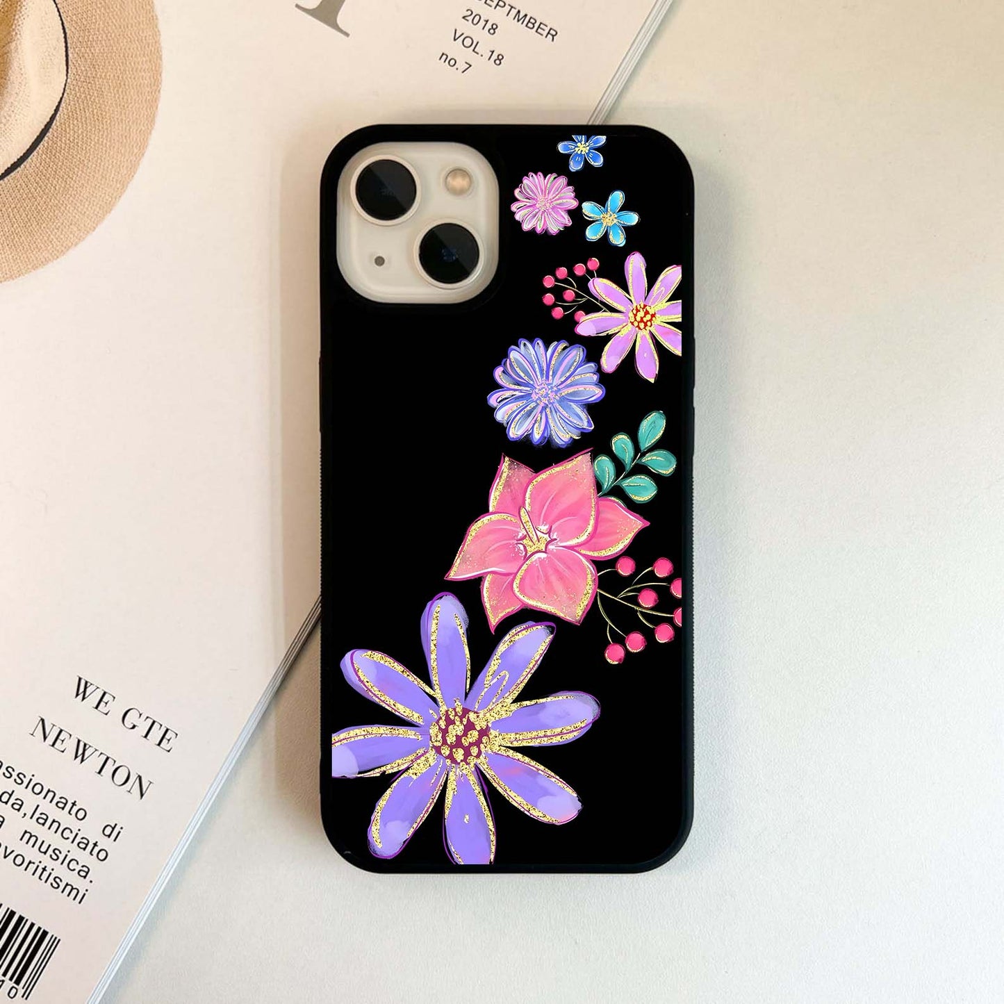 Colorful Glitter Flowers on Black Glass Case