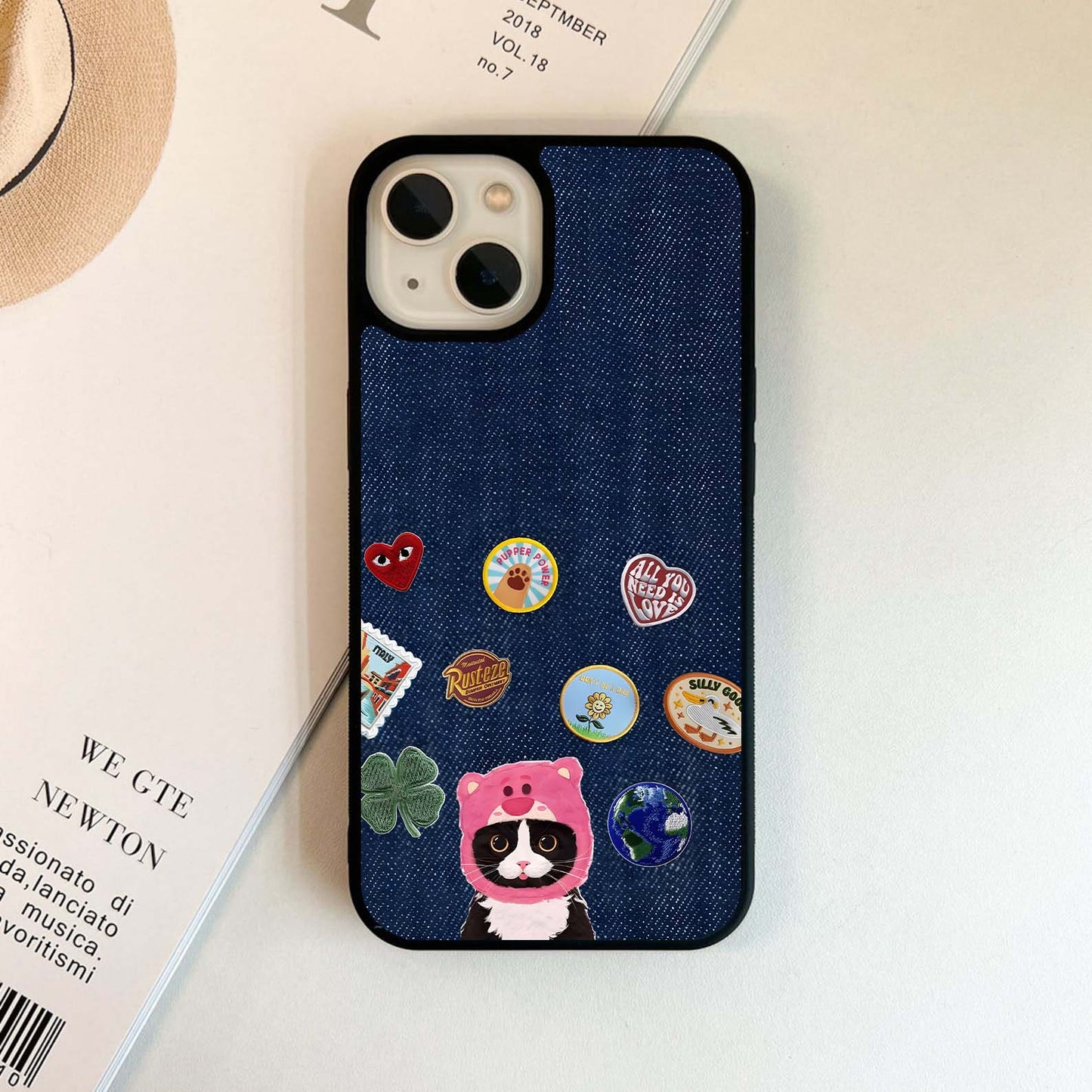 Denim Kitty Charm Glass Case