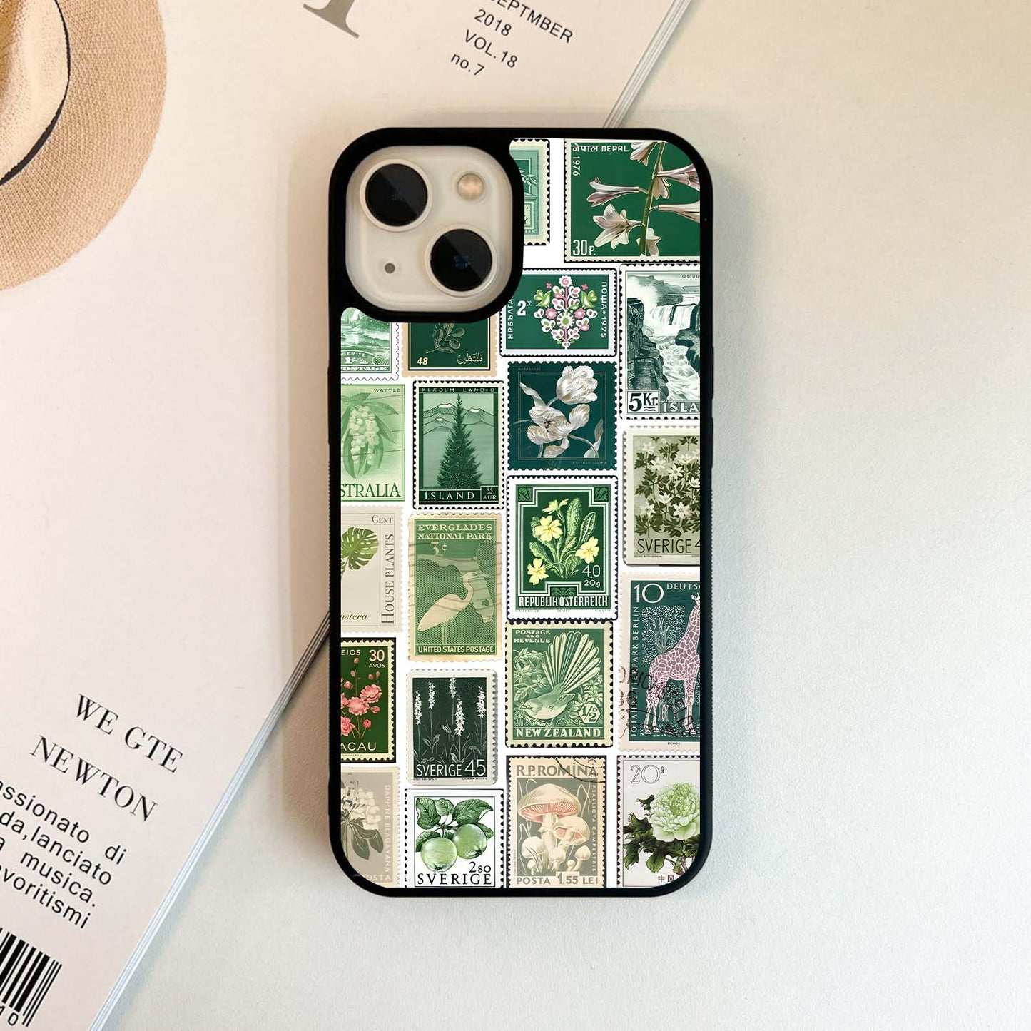 Green Postage Stamp Collage Glass Case