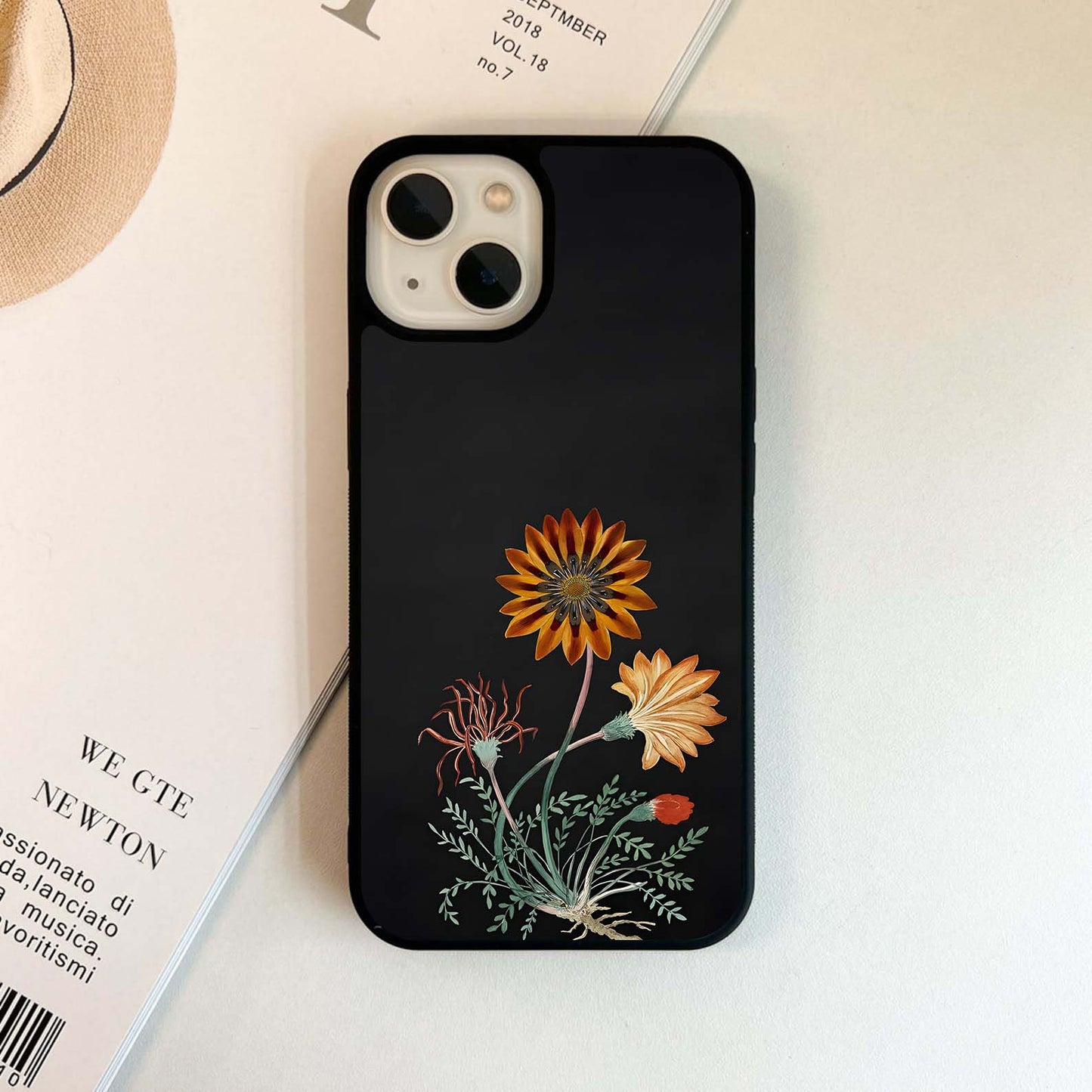 Orange Botanical on Black Glass Case