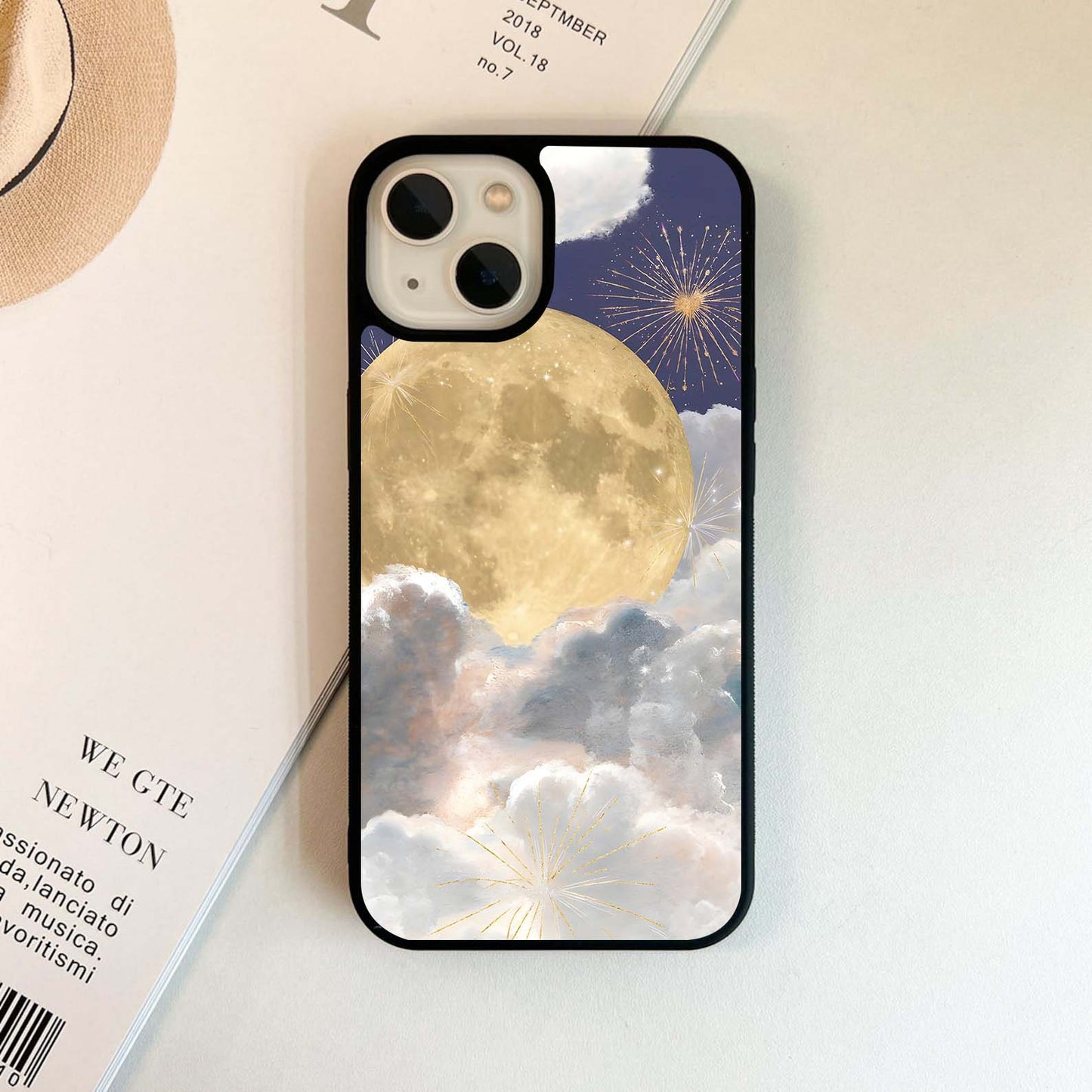 Moon with fireworks Glass Case