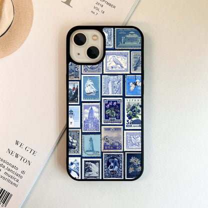 Blue Stamp Collage Glass Case