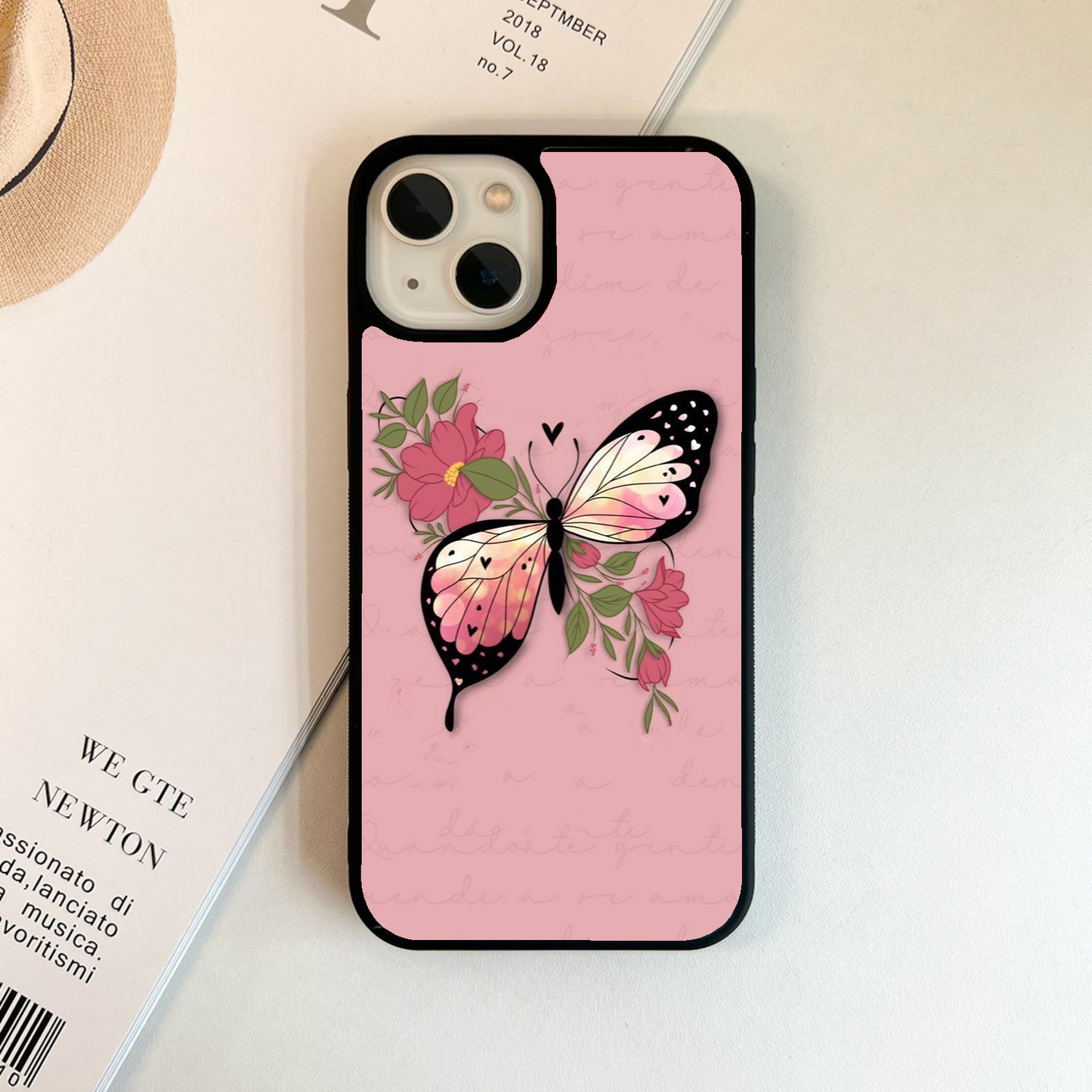 Colourful Butterfly With Flower Glass Case