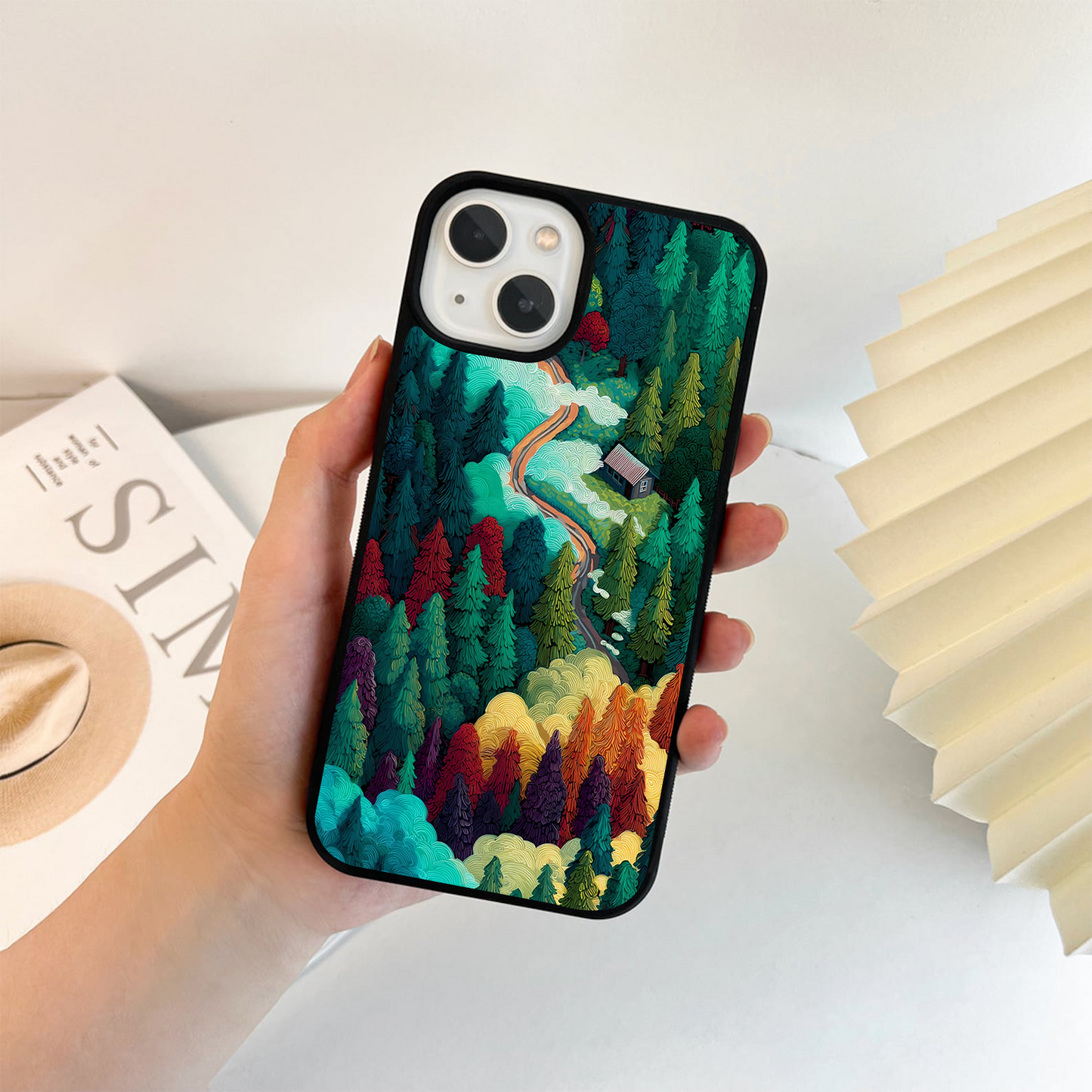 Colorful Forest With Cabin Glass Case