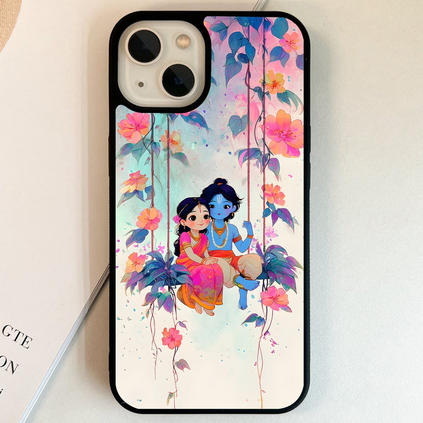 Radha Krishna Floral Swing Glass Case