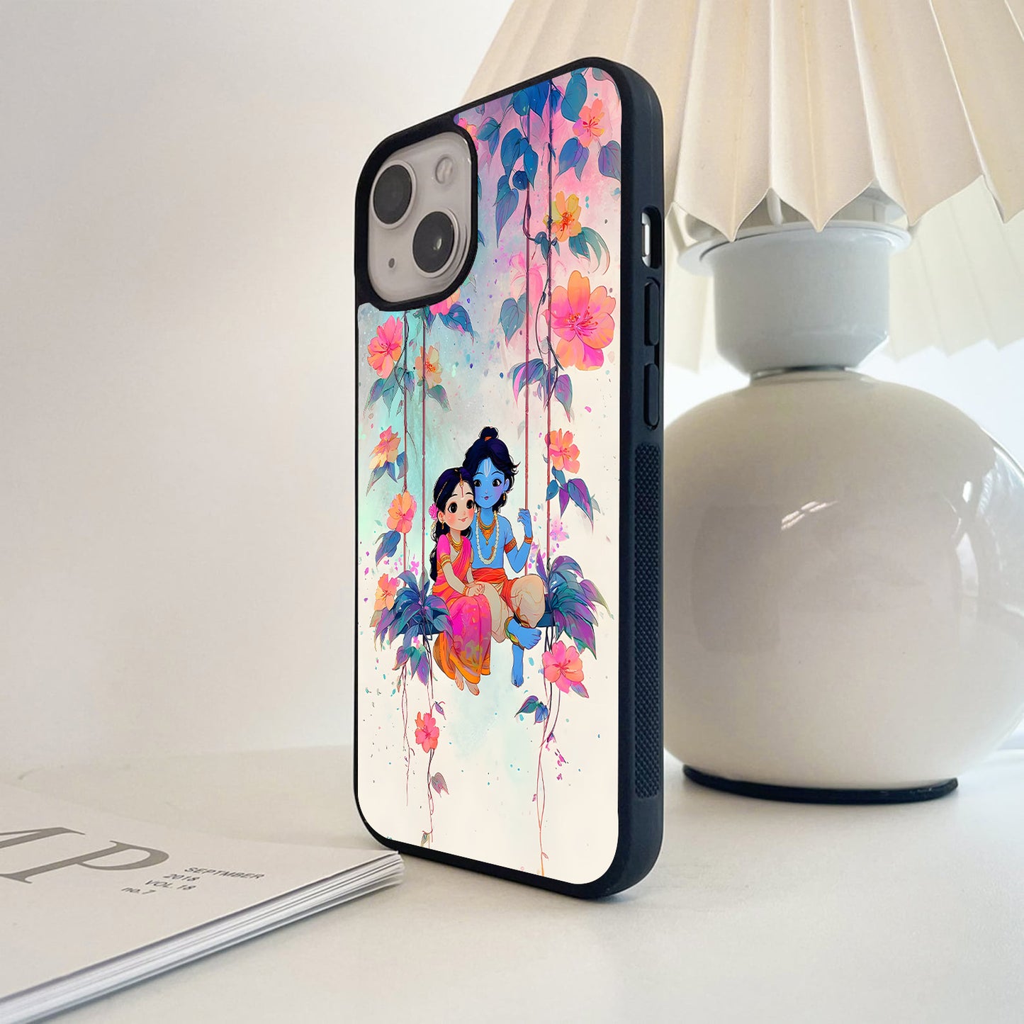 Radha Krishna Floral Swing Glass Case