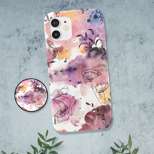 Pastel Colorful Flower Outline Slim Case Cover With Same Design Holder