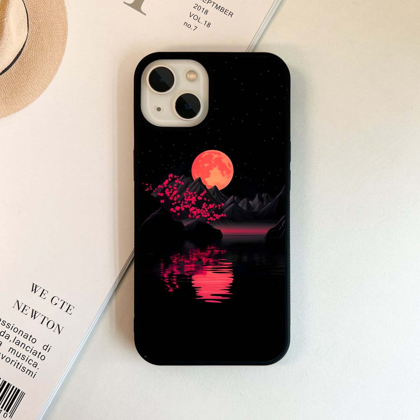 Crimson Moon Over Lake Glass Case