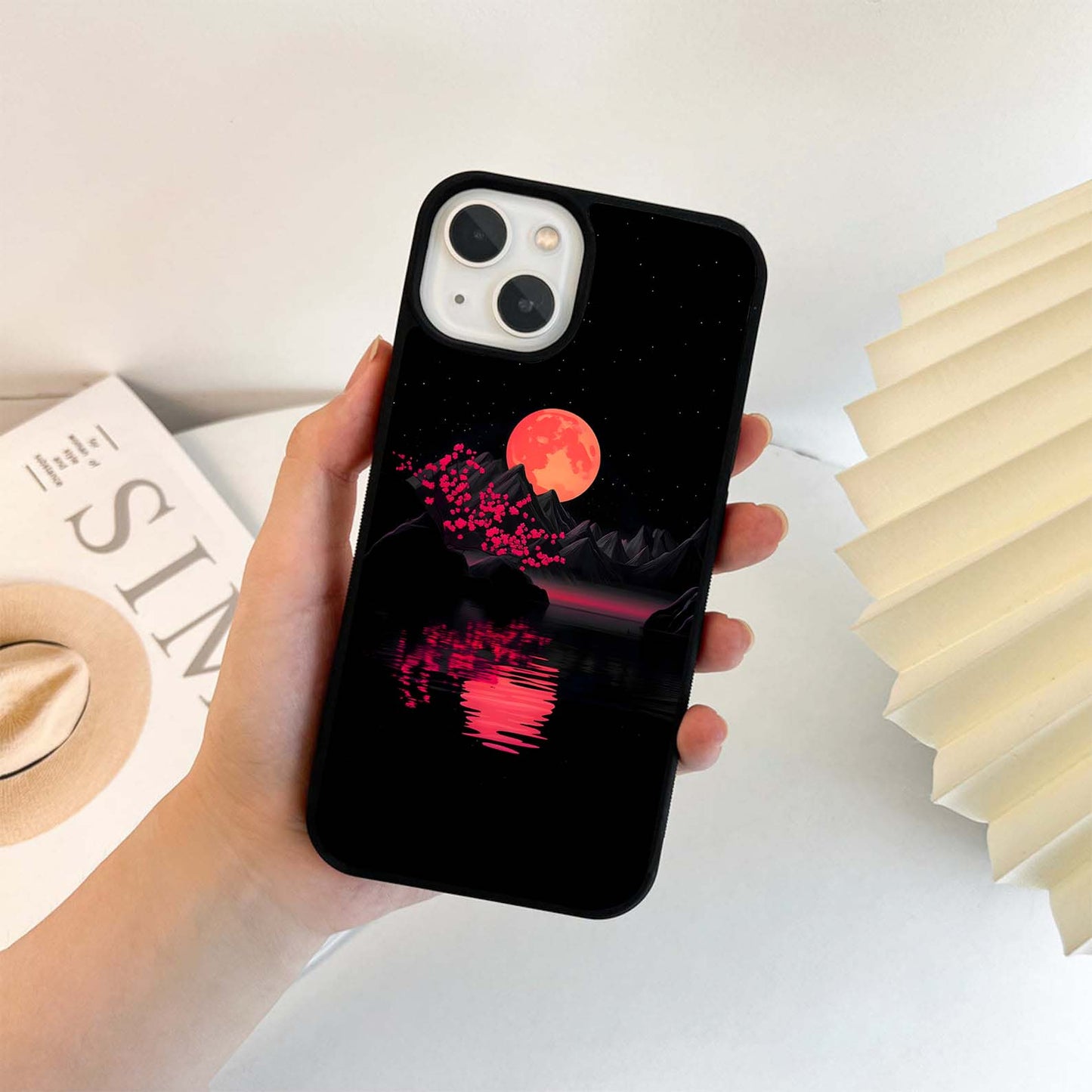 Crimson Moon Over Lake Glass Case