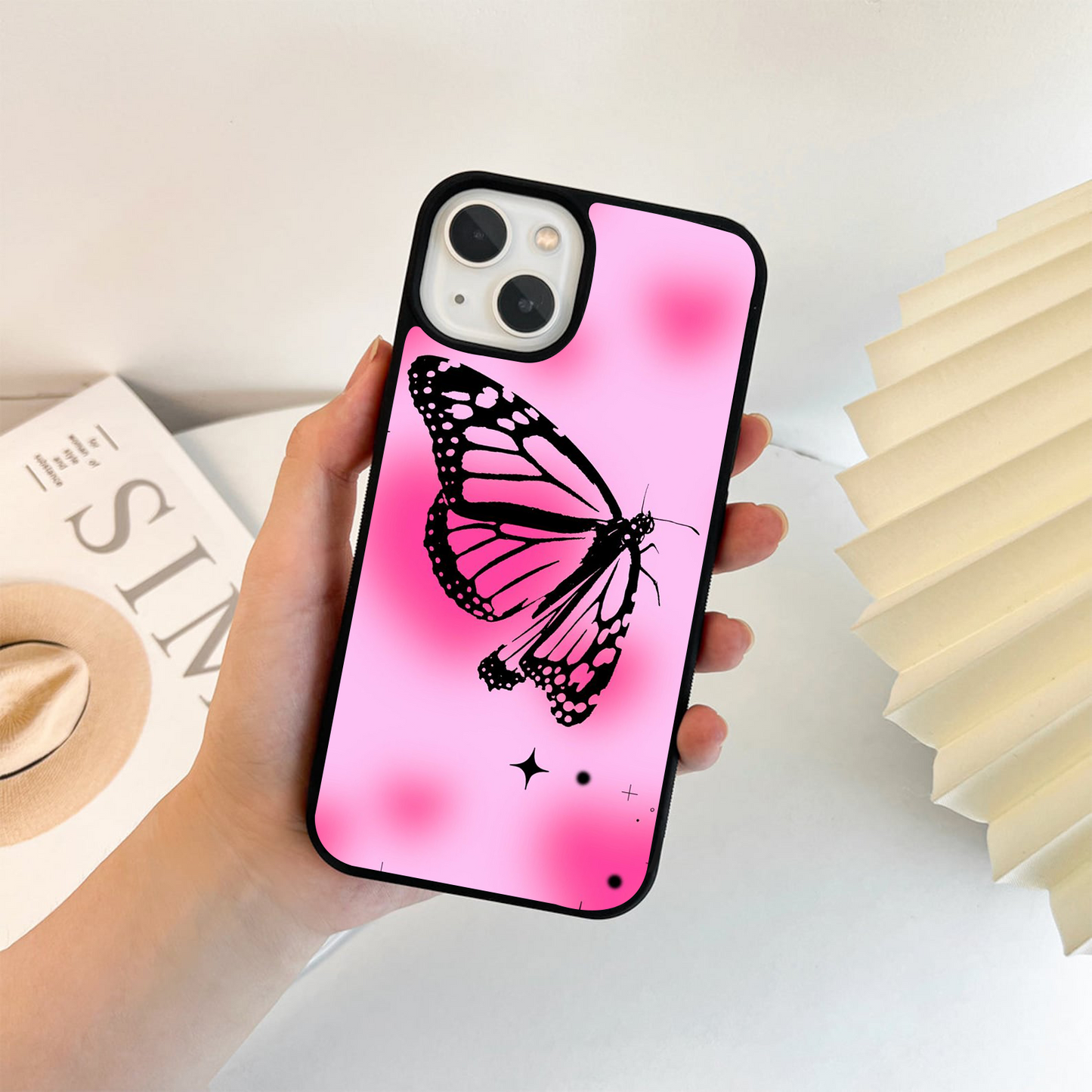 Pink And Light Pink Background And Balck Butterfly Glass Case