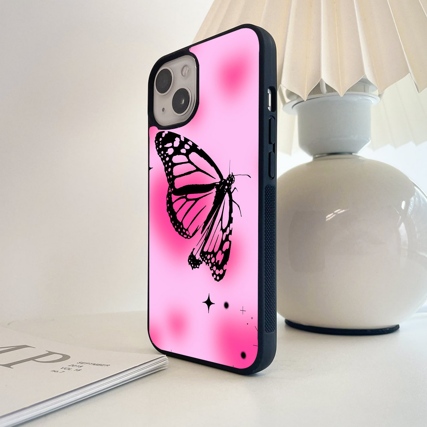 Pink And Light Pink Background And Balck Butterfly Glass Case