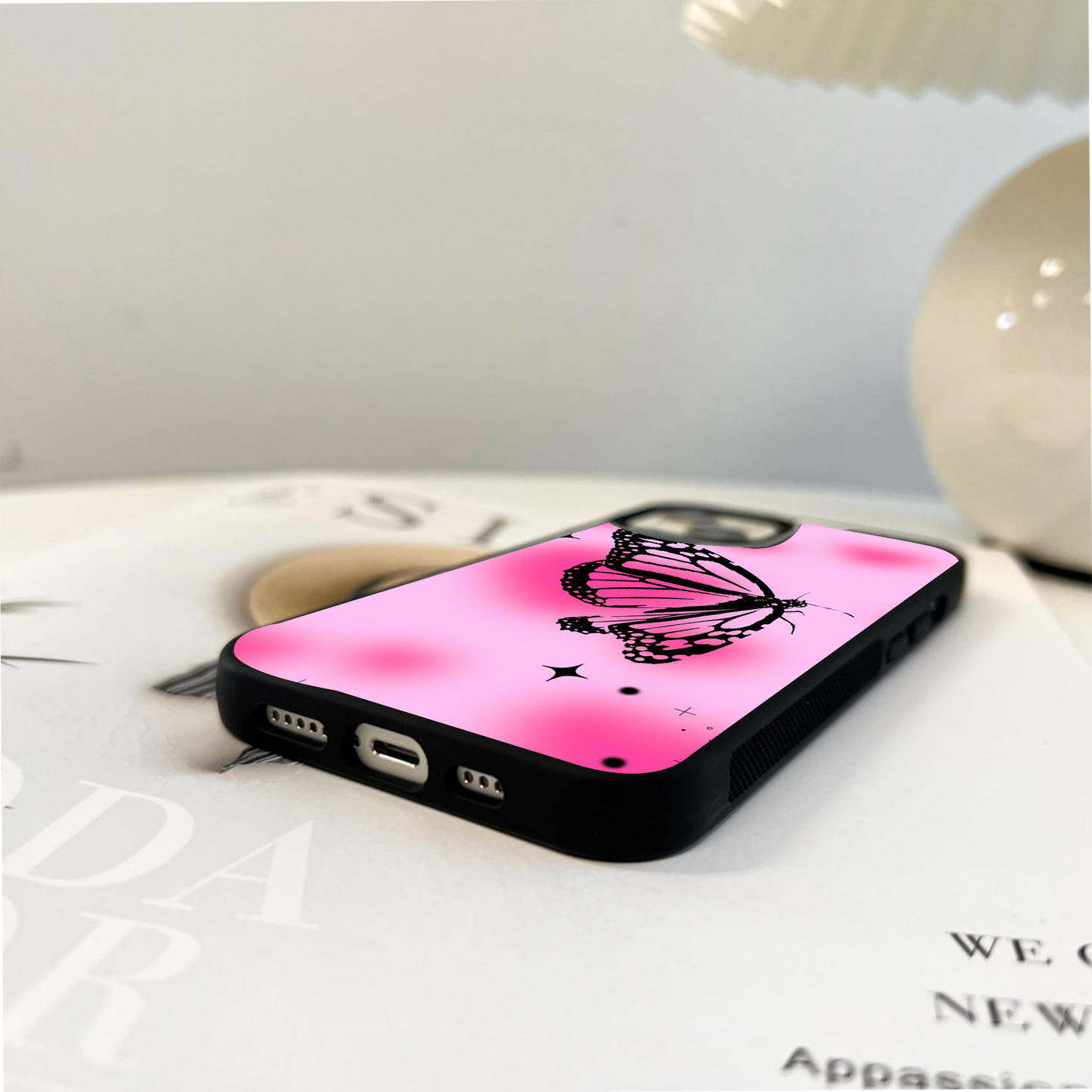 Pink And Light Pink Background And Balck Butterfly Glass Case