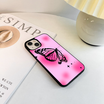 Pink And Light Pink Background And Balck Butterfly Glass Case