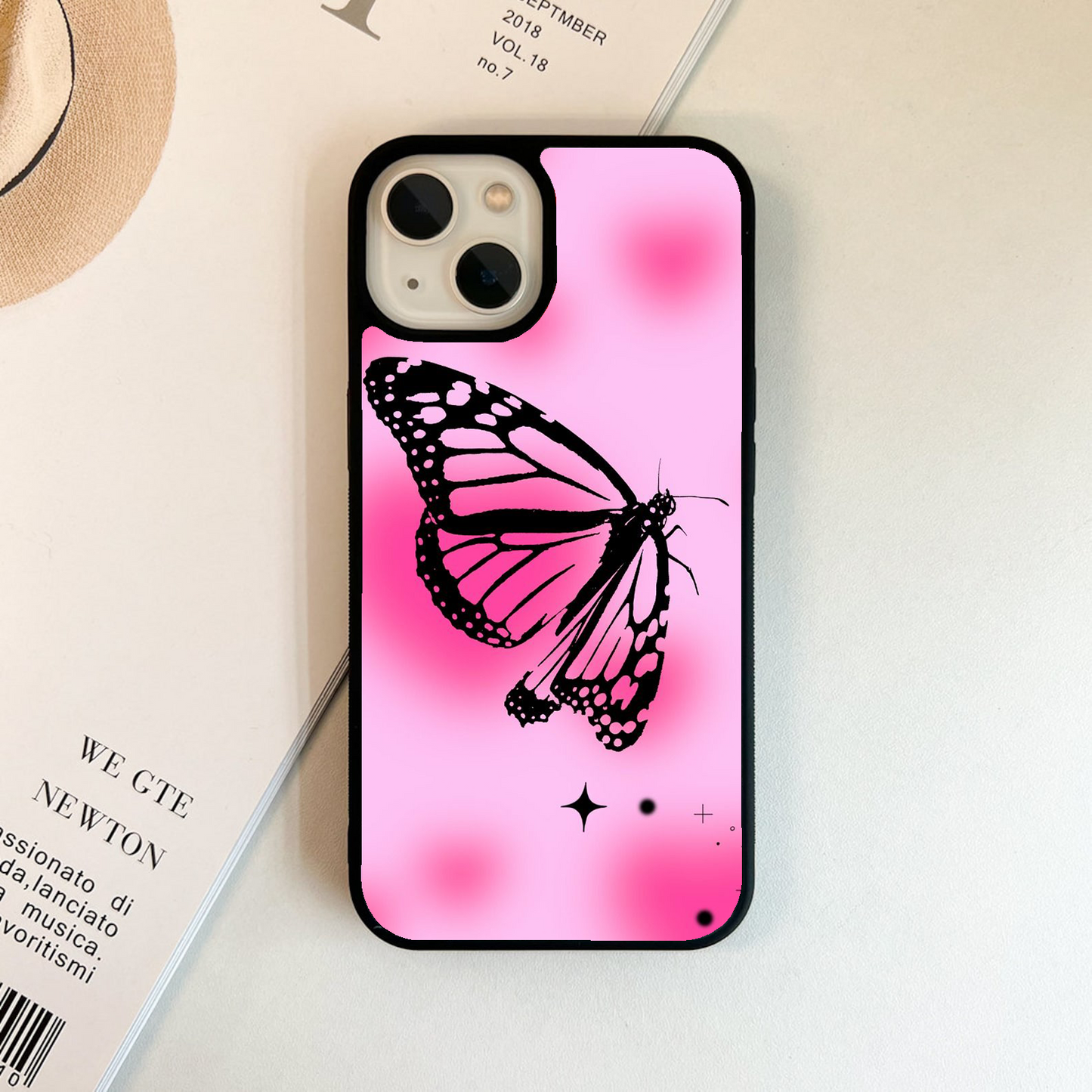 Pink And Light Pink Background And Balck Butterfly Glass Case