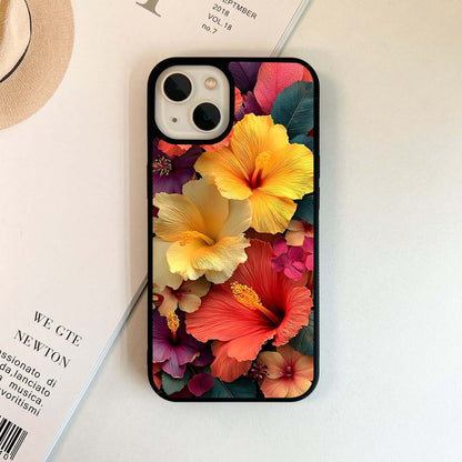 Multicolor Hibiscus Flowers Glass Case
