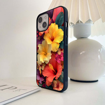 Multicolor Hibiscus Flowers Glass Case